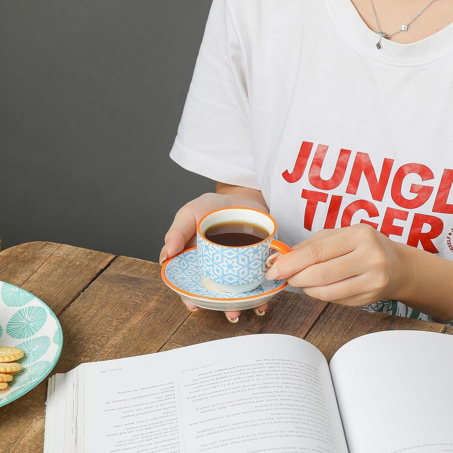 Selamica Ceramic Espresso Cups with Saucers, 2.5 OZ Stackable Demitasse Cups with Metal Stand, Mini Espresso Mugs for Latte Coffee Café Mocha Tea, Set of 6, Assorted Colors