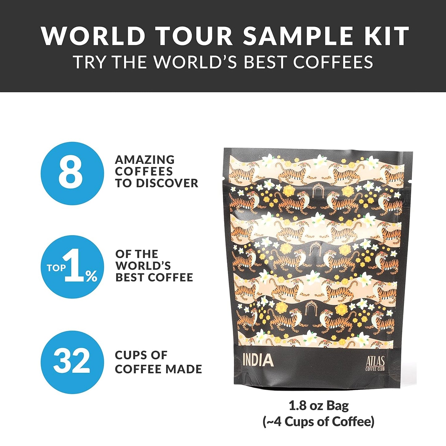 Atlas Coffee Club World of Coffee Discovery Set - Gourmet Coffee Gift Sampler - 8-Pack Variety Box of the World’s Best Single Origin Coffees - Whole Bean