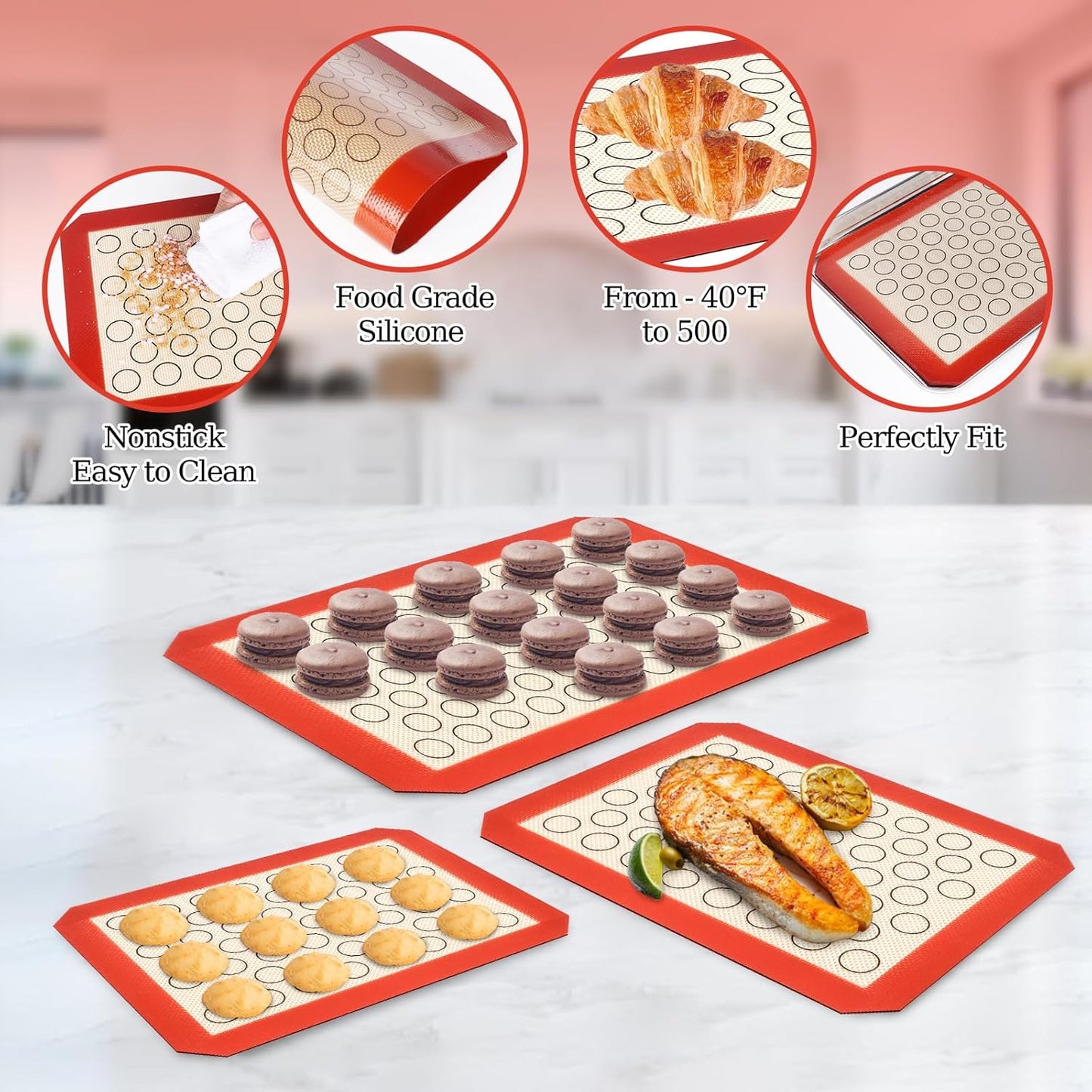 Baking Sheet with Silicone Baking Mat Set,CEKEE Stainless Steel Baking Sheet Pan Tray, Cookie Sheets for Baking, 6PCS Baking Supplies Bakeware Sets for Oven Making Cookies, Macaroons, Bread