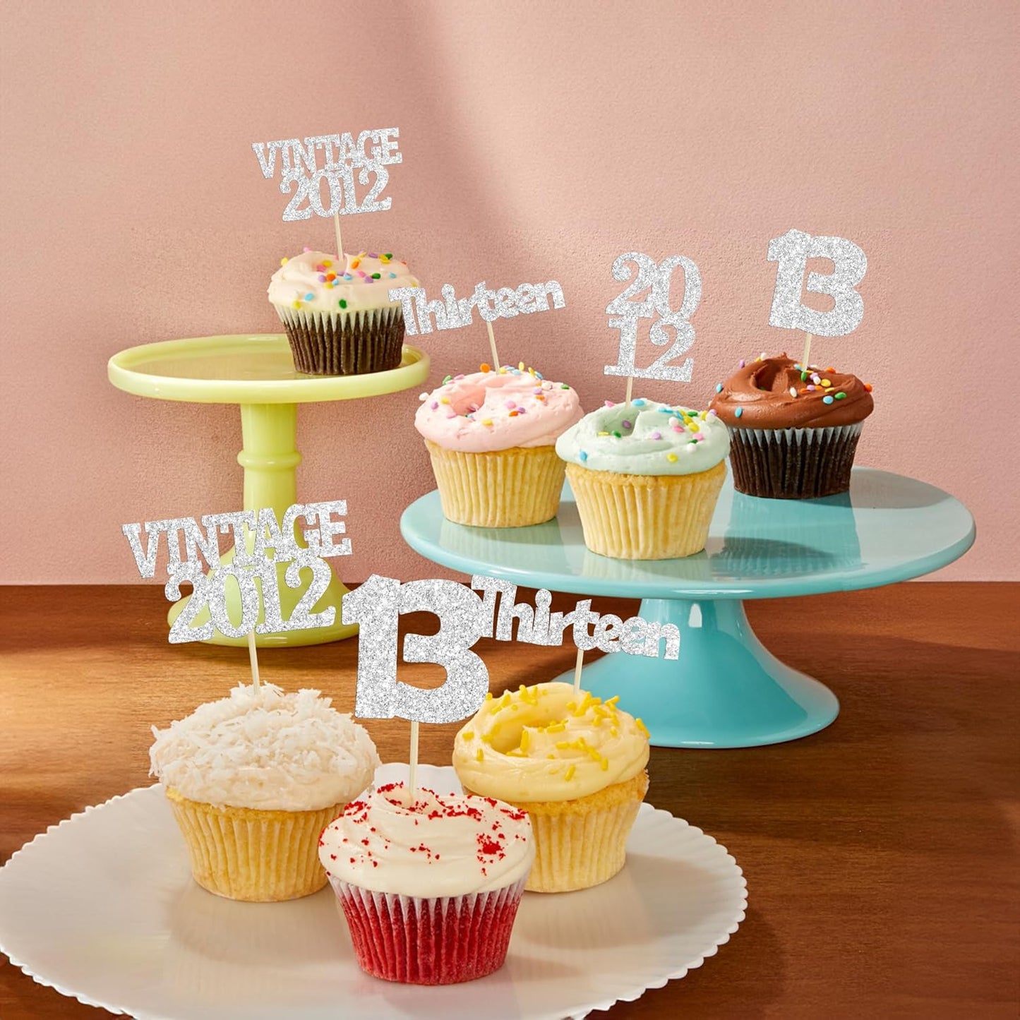 Gyufise 24Pcs 13th Birthday Cupcake Toppers Glitter Thirteen Vintage 2012 Hello 13 Years Birthday Cupcake Picks Official Teenager 13 Cake Decorations for Happy 13th Anniversary Party Silver