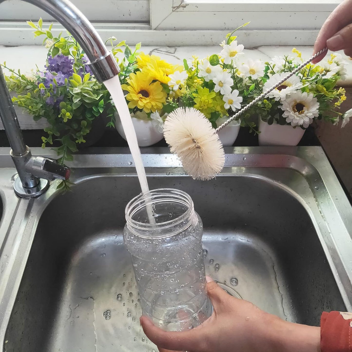 Coralpearl Bottle Brushes Thin Long Handle X 2, Skinny Wire Cleaner Set in Stainless Steel with Natural Boar Bristle at Wool Tip, Bendable Flexible for Cleaning Narrow Neck Bottles, Pipe, Tube, Hose