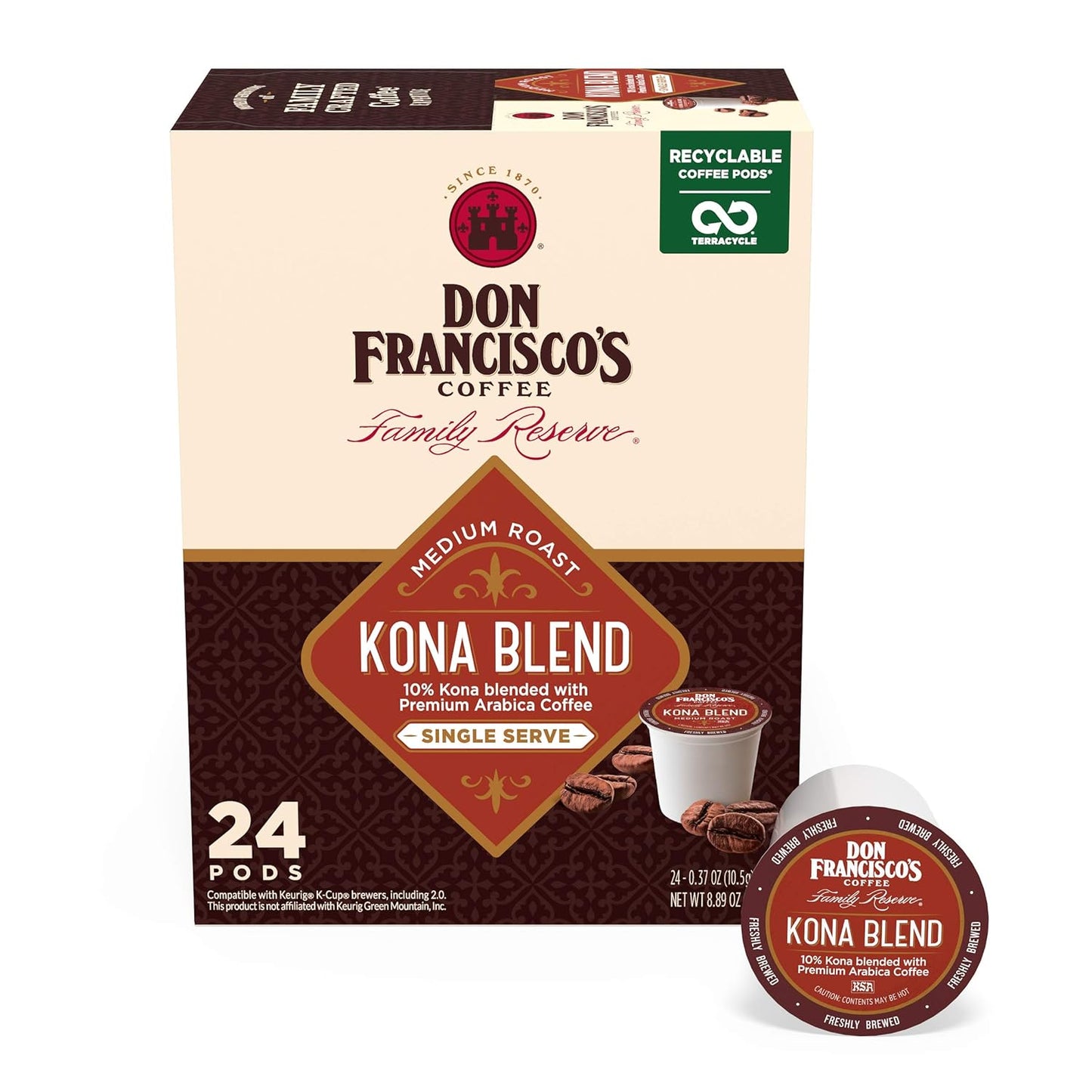 Don Francisco's Kona Blend Coffee - 24 K-Cup Compatible Single-Serve Pods - 10% Hawaiian - Recyclable through TerraCycle - Compatible with Keurig Brewers