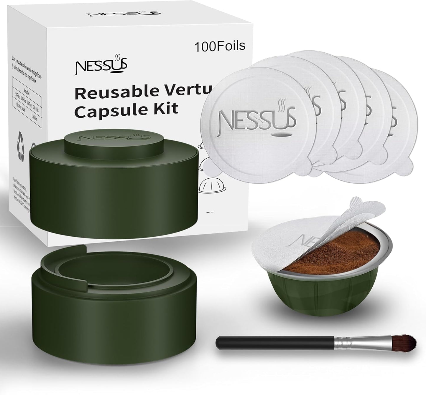 Nessus Reusable Vertuo Capsule Kit, [ALSeal EZ FIT] for Refillable Pods with 100 Pcs Aluminum Foil Seal Lids, Holder, Brush, for Refilling Vertuo Pods Reusable Vertuoline Pod(Green)