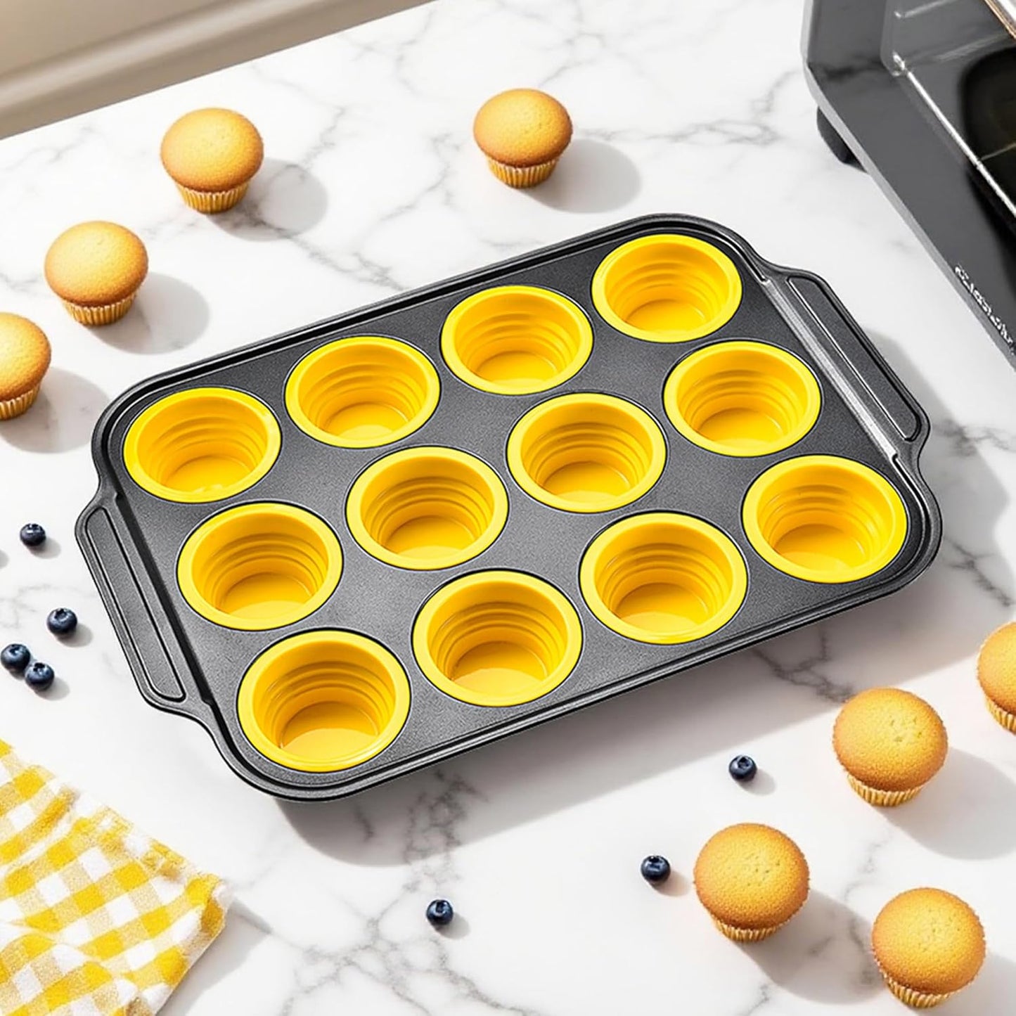 Silicone Muffin Pan, 12 Cup Muffin Pans with Metal Frame, Silicone Cupcake Pan for Baking, Non Stick Baking Cups with Press To Release Design, Cake Pop Mold, Egg Bites Mold, Yellow