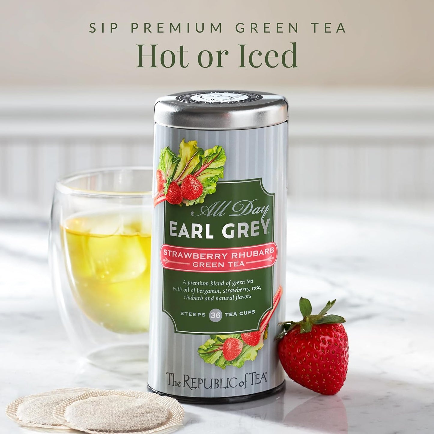 The Republic of Tea – All Day Earl Grey® Strawberry Rhubarb Green Tea, Naturally Caffeinated, 36 Tea Bags