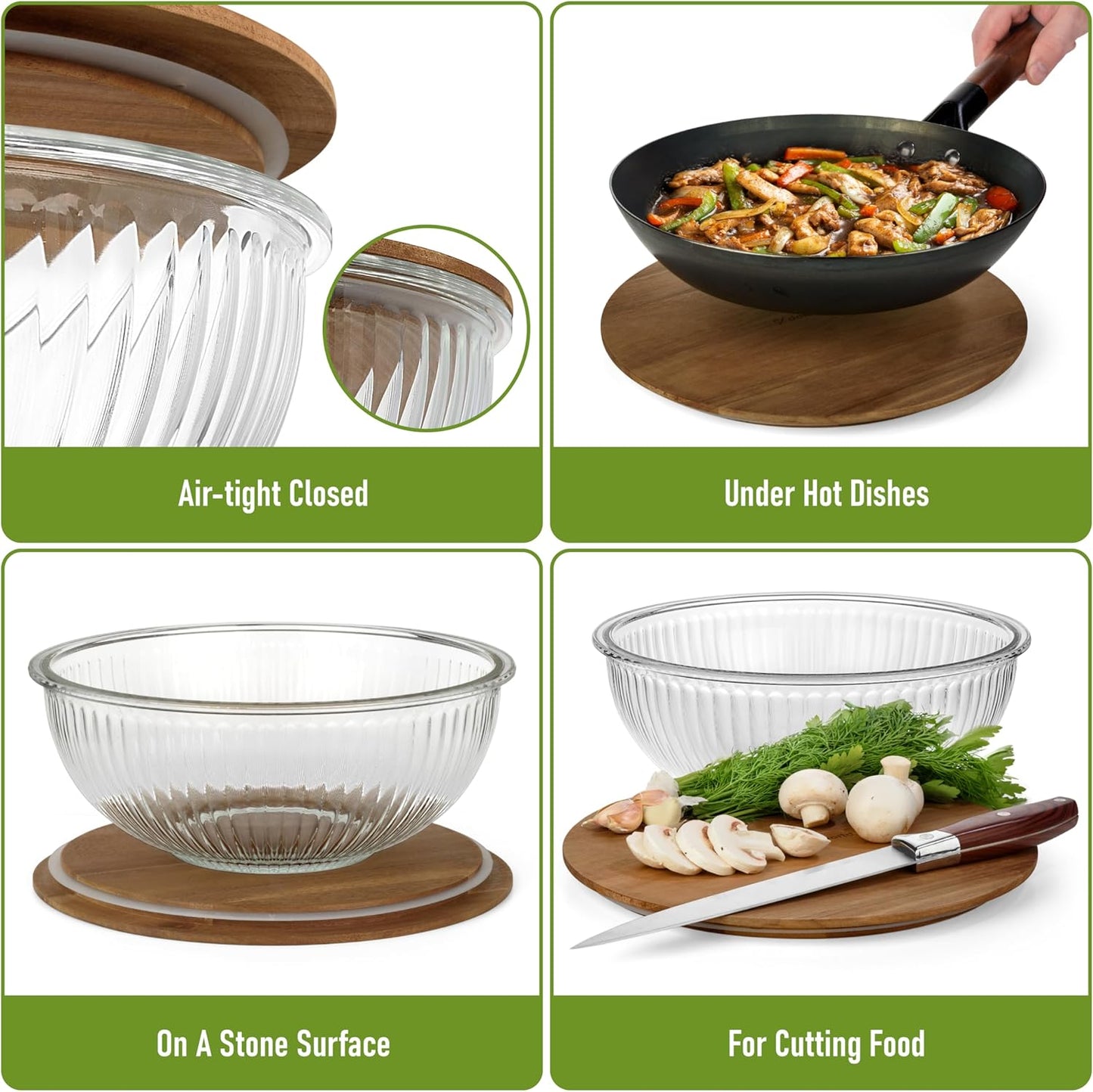 Set of 3 Stackable Space-Saving Nesting Glass Salad Bowls with Acacia Lids for Foodprep, Storage, Baking, Mixing & Cooking - Microwave Safe Durable Inert Borosilicate Glass