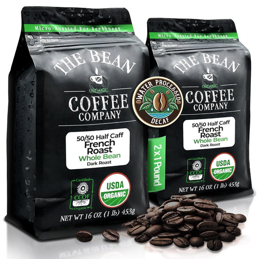 The Bean Organic Coffee Company 50/50 French Roast, 50% Decaf, Dark Roast, Whole Bean Coffee, 16-Ounce Bag (Pack of 2), USDA Organic Certified