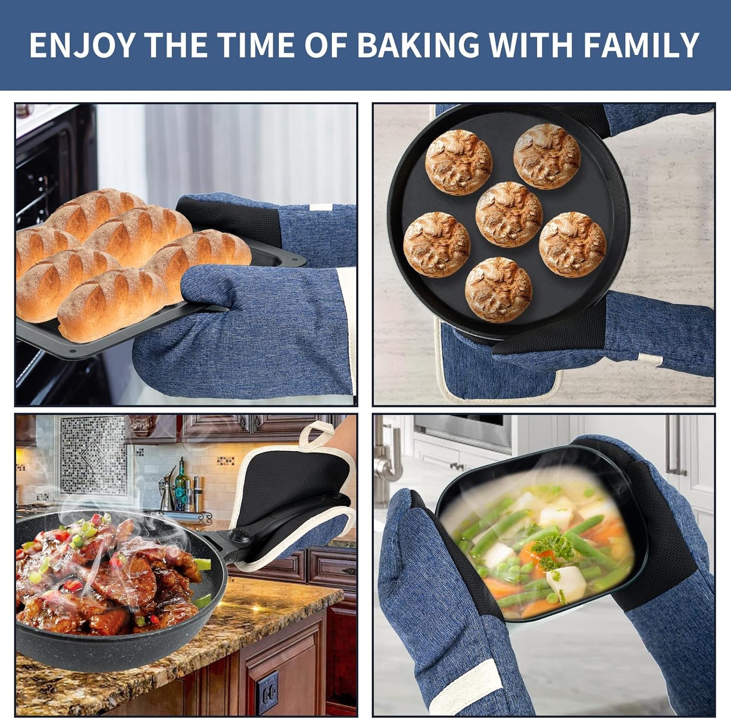 Oven Mitts and PotHolders Sets, 4 Pcs Kitchen Oven Glove High Heat Resistant 400°F Pot Holders for Kitchen, Non-Slip Neoprene Oven Mitts are Suitable for Cooking, Baking (Blue)