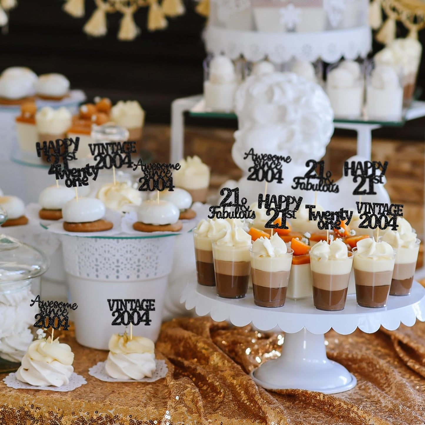 Gyufise 30pcs Vintage 2004 Cupcake Toppers Glitter Twenty-One Happy 21st Cupcake Picks Fabulous Anniversary Party Supplies Black