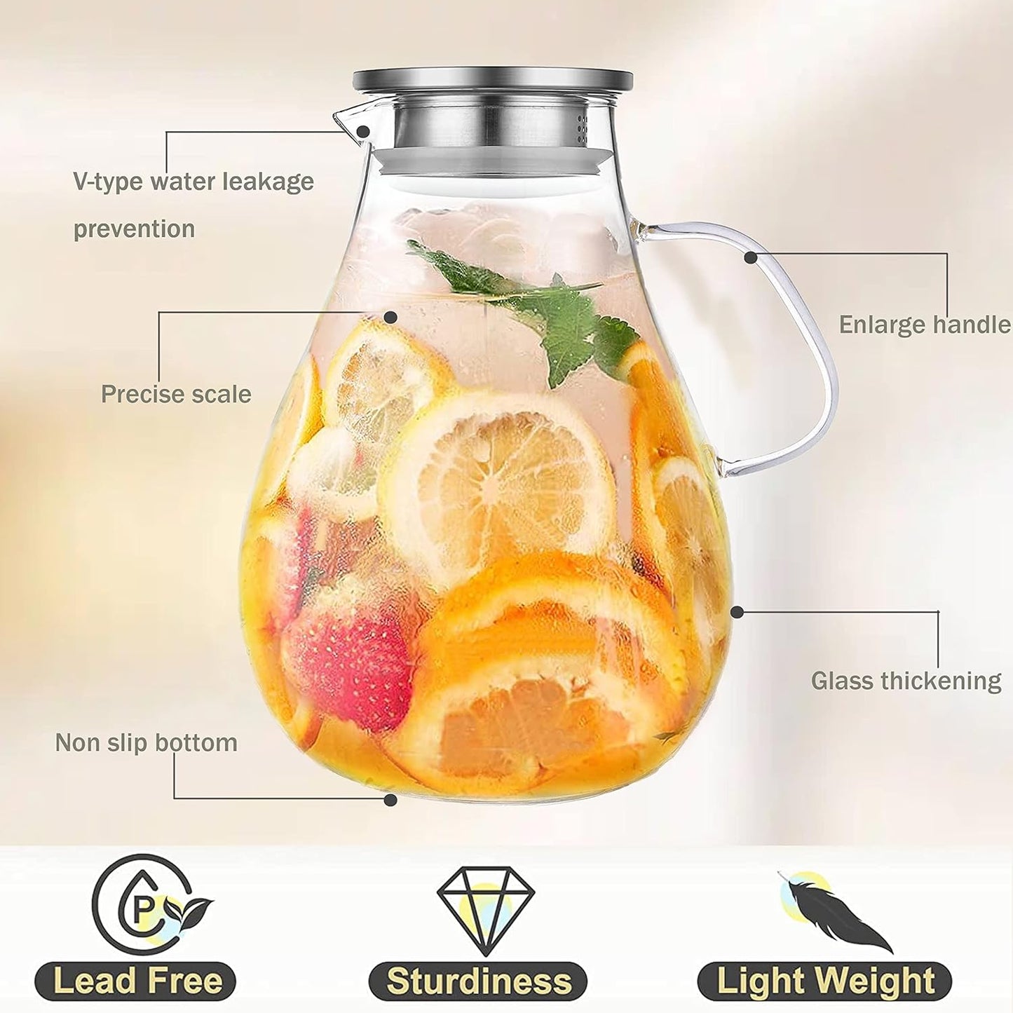 Glass Pitcher with Lid,3000ml - Hot/Cold Water Jug, Juice and Iced Tea Beverage Carafe