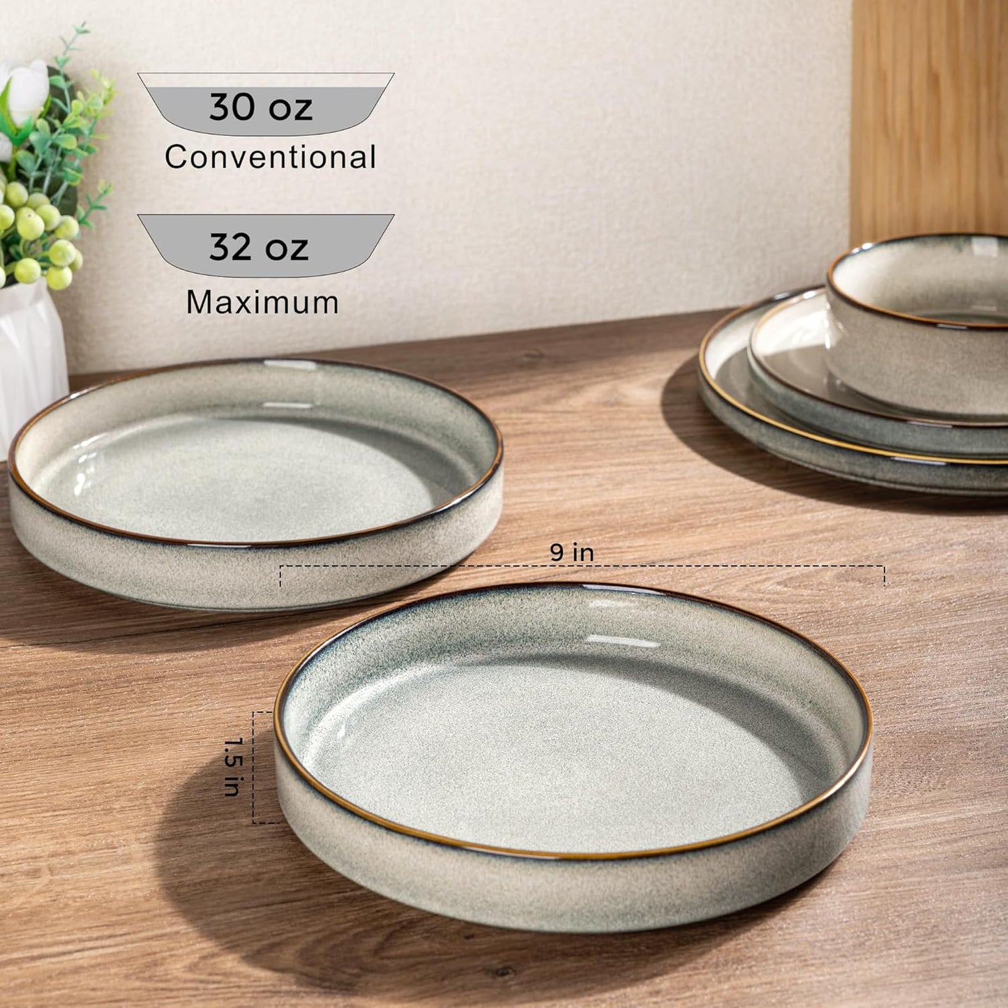 GBHOME 9'' Large Ceramic Pasta Bowls, 32oz Stoneware Pasta Serving Bowls Set of 4 for Kitchen, Wide Bowls for Fruit,Pasta,Salad,Oatmeal,Meal, Microwave Safe, Reactive Glaze-Green Wheat