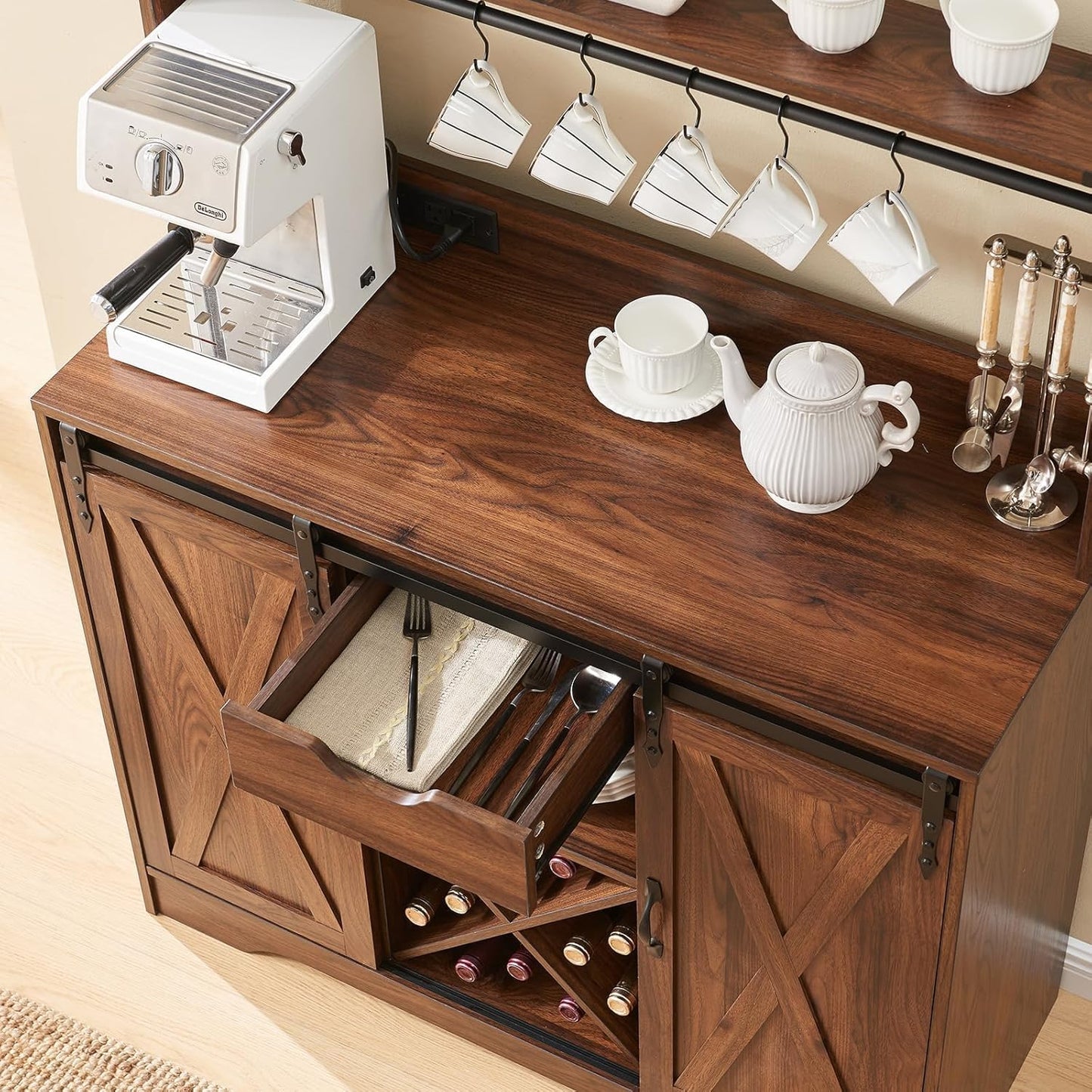 Wnutrees Farmhouse Coffee Bar Cabinet with Charging Station and USB Ports, Sliding Barn Door, 39" Kitchen Hutch Sideboard Buffet Storage Cabinet, Fits Kitchen Dining Living Room, Brown