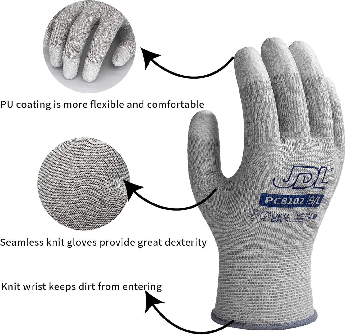 JDL ESD Work Gloves, Anti-Static Gloves for PC Building, Computer Installation & Repair, High Resistance Carbon Fiber Gloves, X-Large