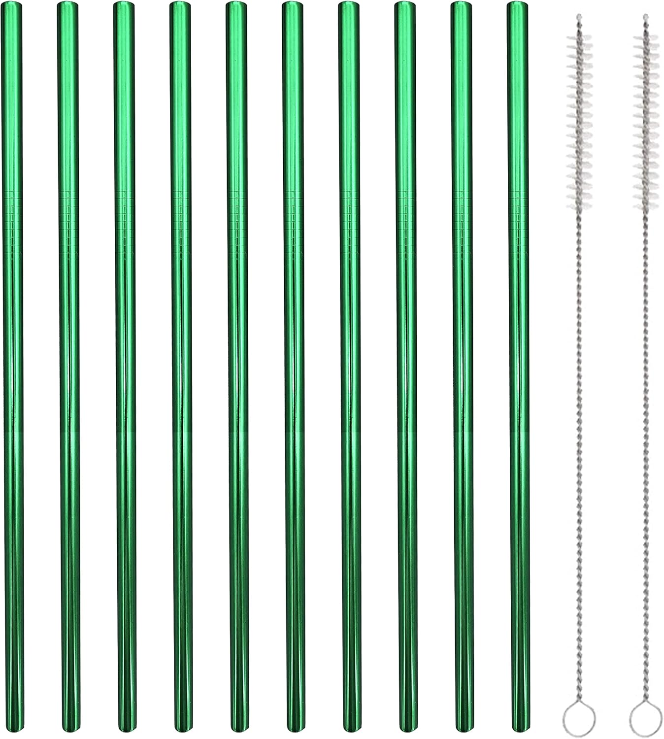 10 Pcs Stainless Steel Straws, Reusable Drinking Straws, Straight Metal Straw Sets with 2 Pcs Cleaning Brushes (8.5 Inch, Green)