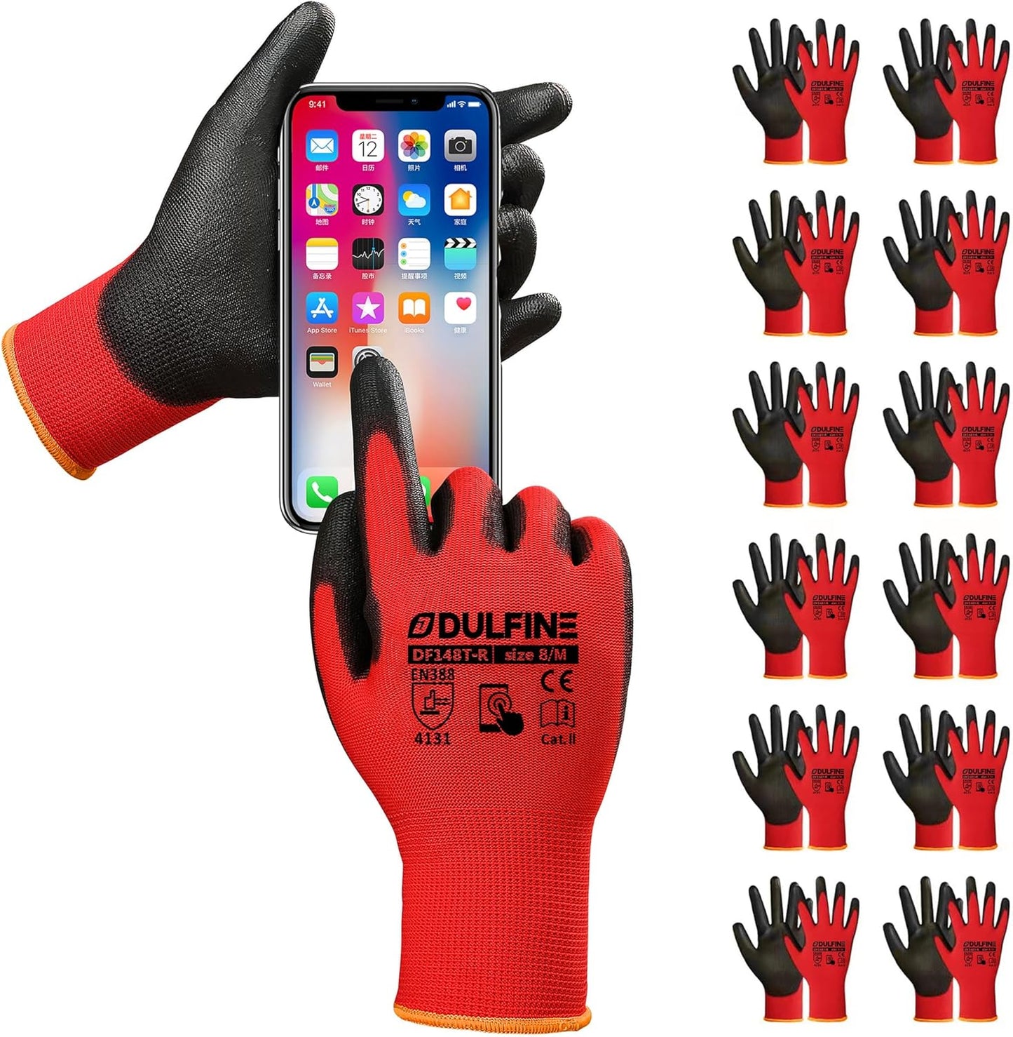 DULFINE Safety Work Gloves PU Coated for Men and Women-12 Pairs,Red Seamless Knit Glove with Two Fingers Touchscreen,Ideal for General Duty Work (Medium)