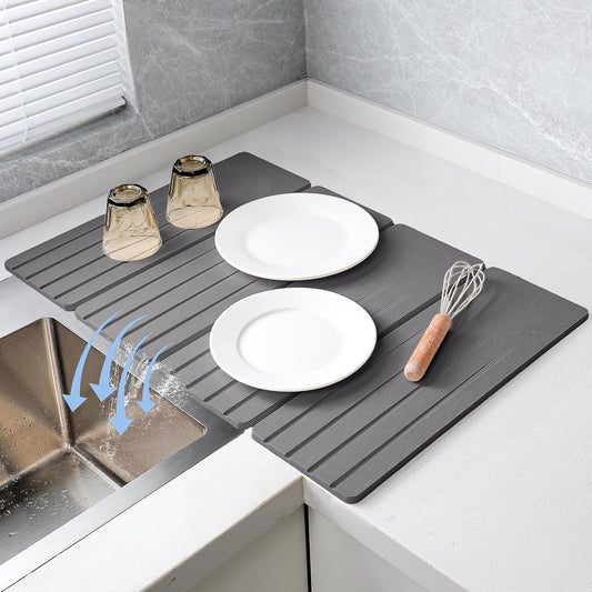 Extral Large Quick Dry Stone Drying Mat for Kitchen Counter,28x16 Inch Collapsible Eco-Friendly Absorbent Diatomaceous Earth Mat for Dishes Cups (Deep Gray-Upgraded Version, 24x16 inch)