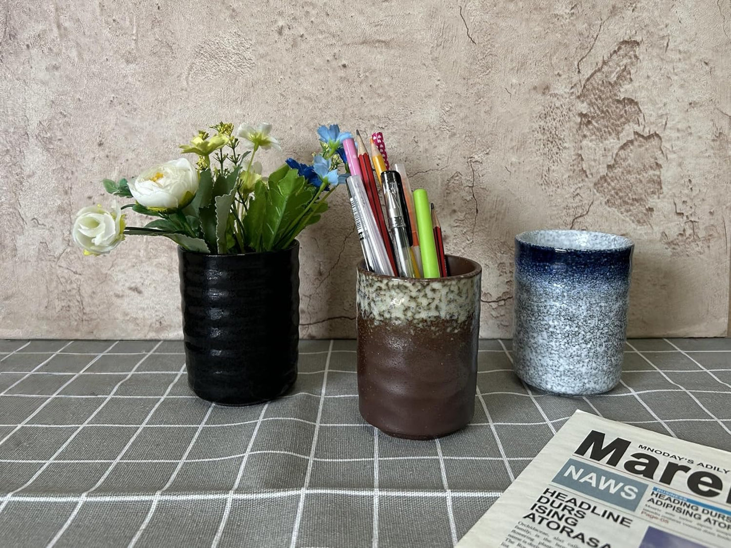 Stoneware Coffee Bar Utensil Holder Tea & Coffee Spoon & Stirrer Holder for Stir Stick Straw Teaspoon Holder Spoon Cup Small Utensil Jar (Retro Rustic Brown)