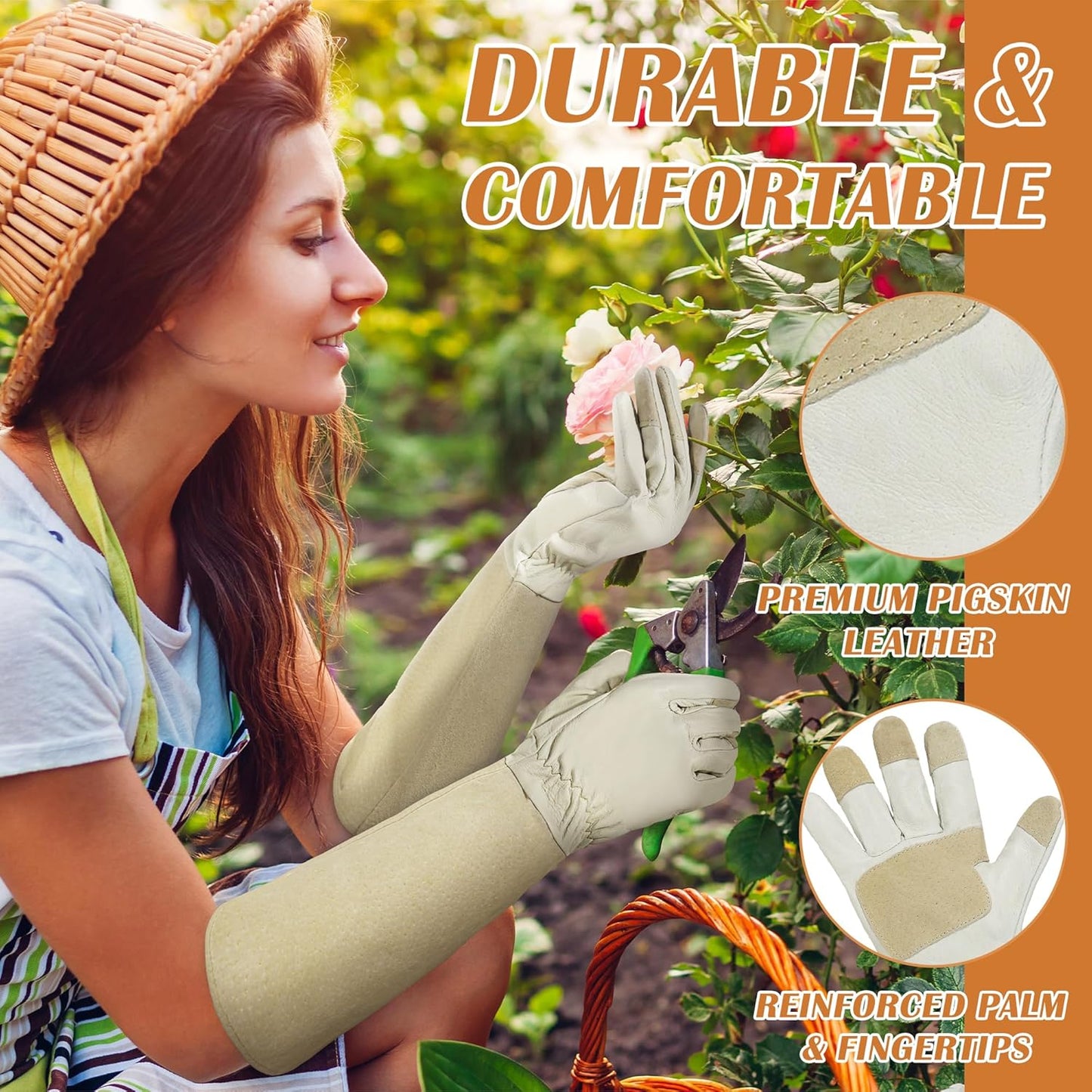 HANDLANDY Pruning Gloves Long for Men & Women, Pigskin Leather Rose Gardening Gloves- Breathable & Durability Gauntlet Glove (Small, Beige)