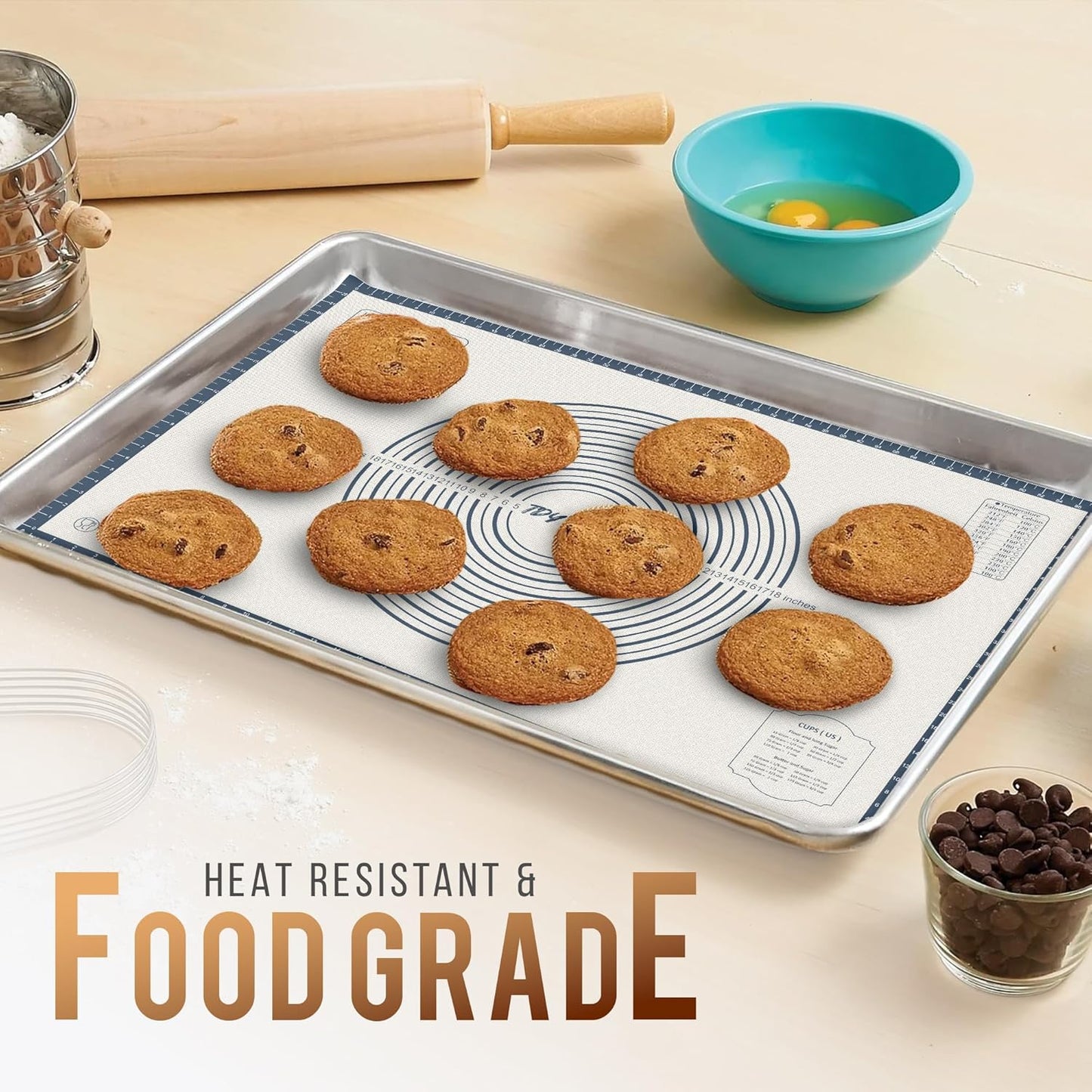 26 * 16 inches Grey, Non-Slip Silicone Baking Sheets - Baking Mat with 0.7mm Thickness - Non-Stick Pastry & Cookie Mat for Kitchen Counter for Rolling Out Dough with Measurements.