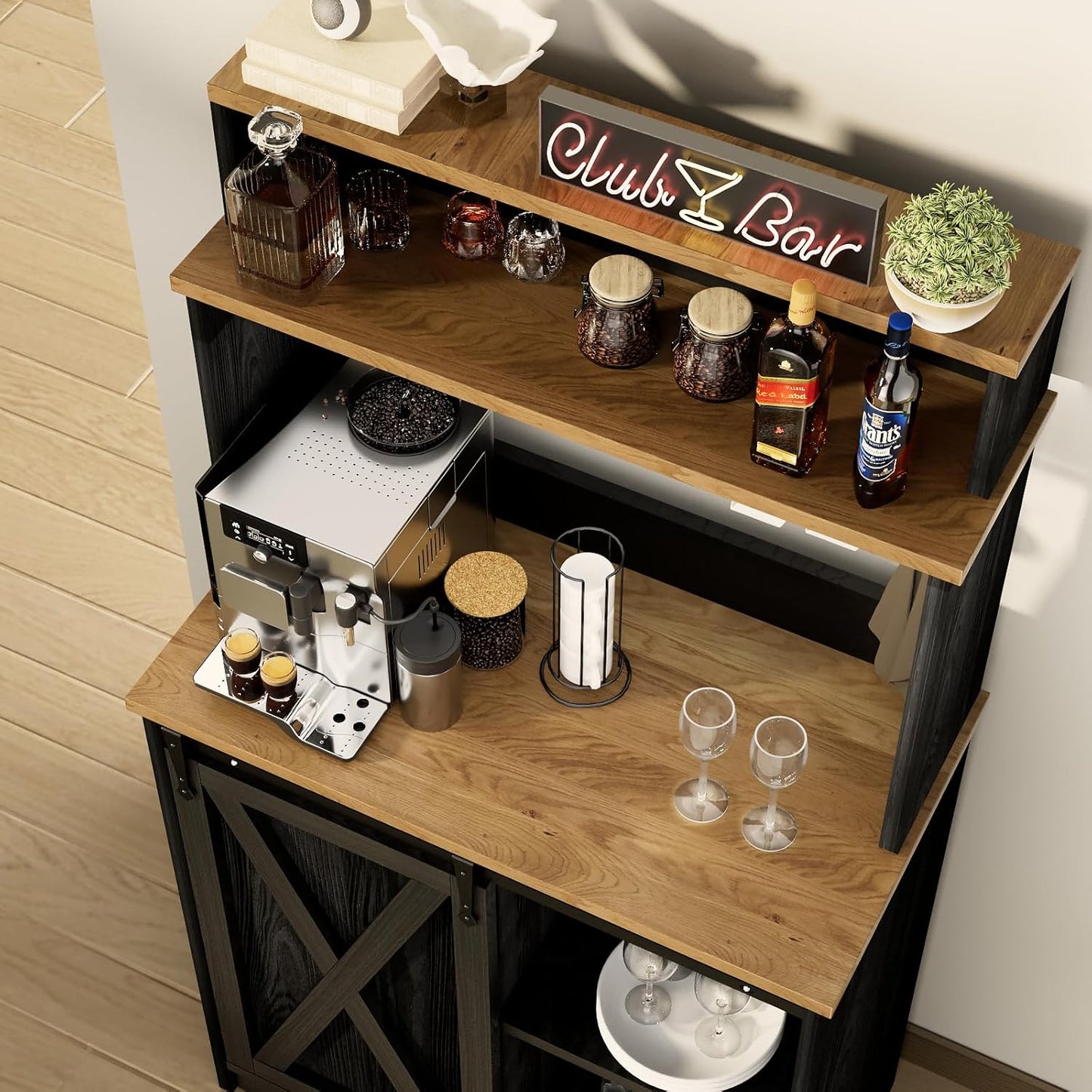 Farmhouse Coffee Bar with 3 Tier Storage Hutch, 56 Inch Small Bar Station with 6 Hooks, Corner Table with Adjustable Shelves for Living Dining Room (Black)