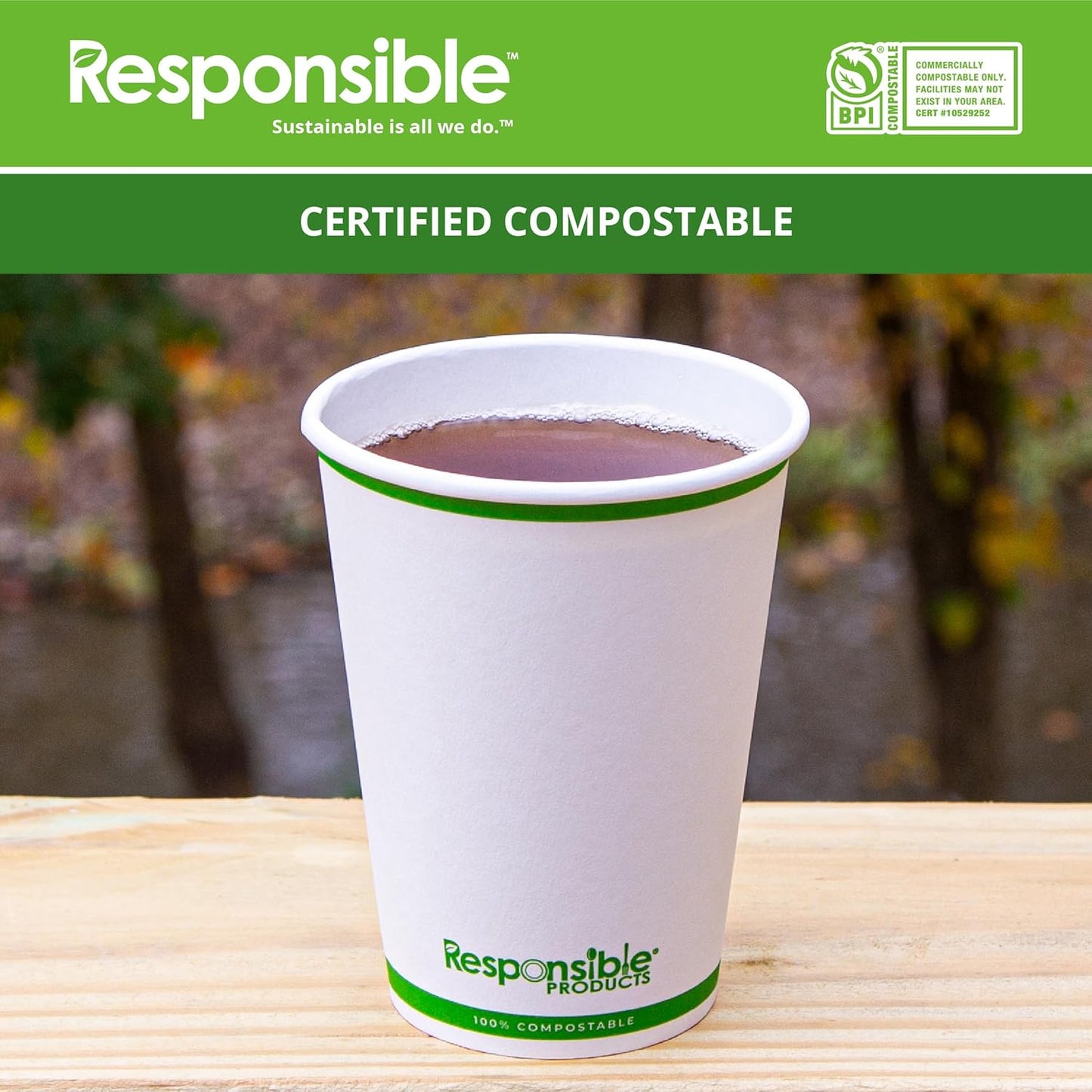 Certified Compostable 12 oz Paper Cups, Cold ＆ Hot Coffee Cups, Disposable Paper Cups, Extra Strength Disposable Cups, Made without PFAS (50 count)