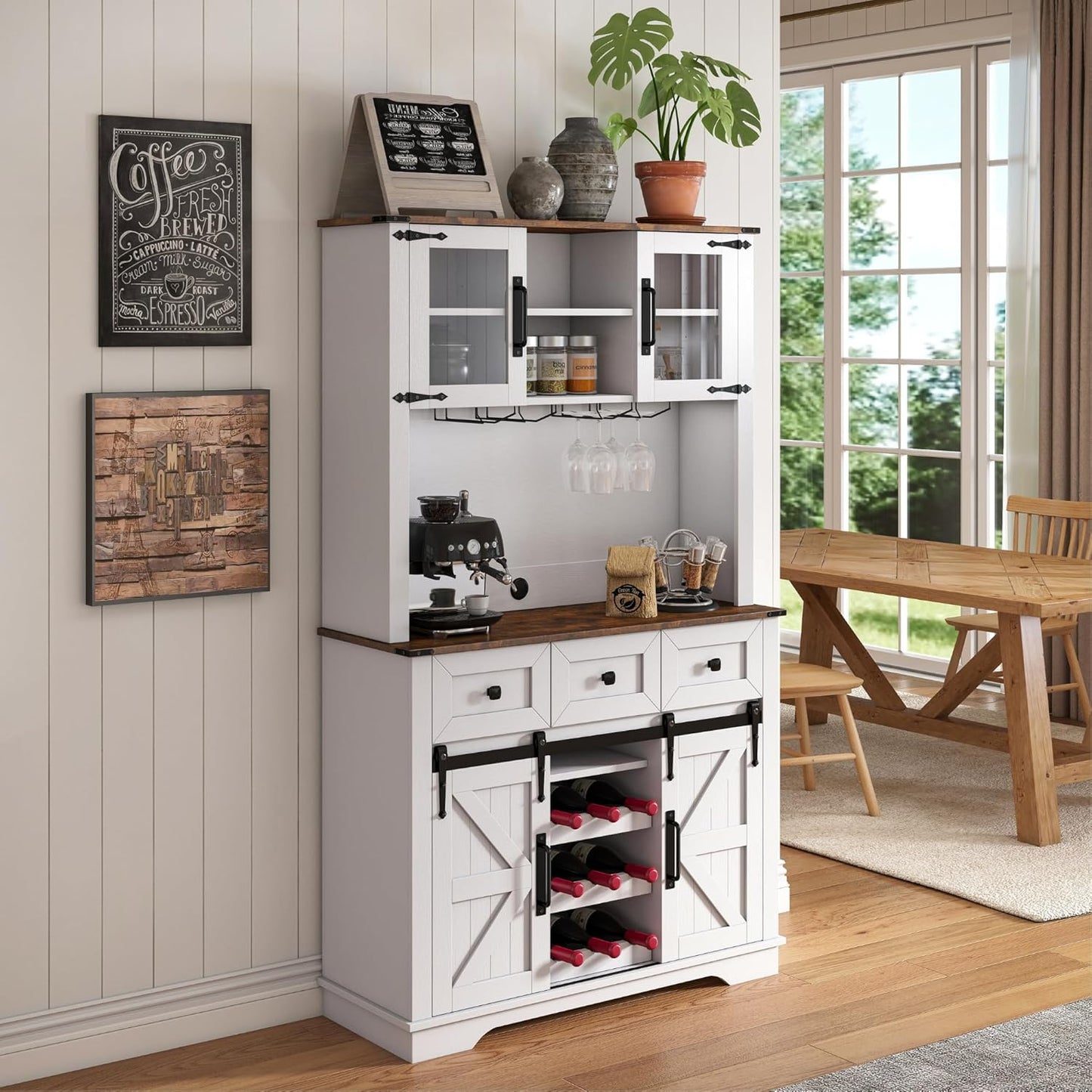Coffee Bar Cabinet with Sliding Barn Doors 71'' Farmhouse White Pantry Cabinet with Drawers & Wine Glass Rack Rustic Buffet Cabinet for Kitchen, Brown