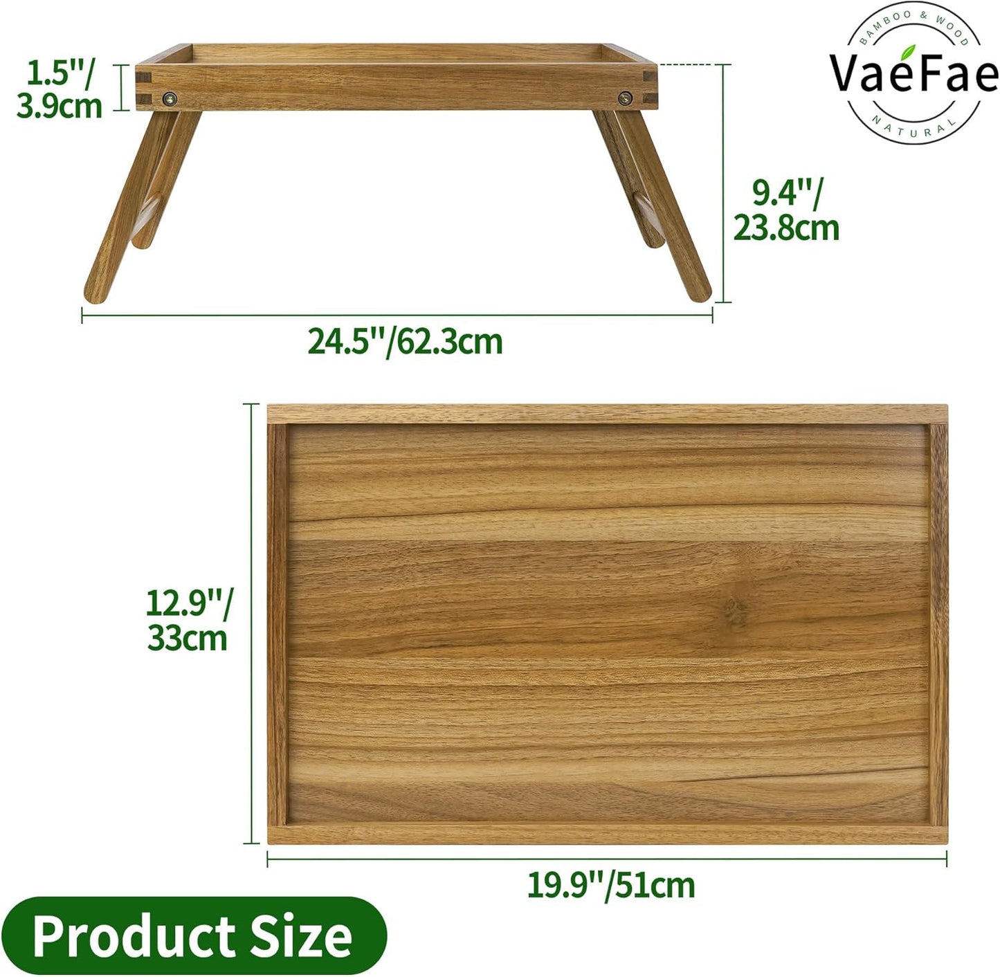 VaeFae Acacia Bed Table Tray, Wooden Breakfast Tray with Folding Legs, Bed Tray for Eating and Laptop, Eating Trays for Bedroom (Large Size)