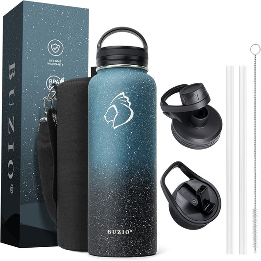 BUZIO 40 oz Water Bottle Insulated with Straw & 3 lid and Carrying Pouch, Leak Proof Anti-Slip Stainless Steel Water Flask Jug, Cold for 48 Hrs Double Vacuum Thermo Canteen, BPA-Free, Starry Indigo