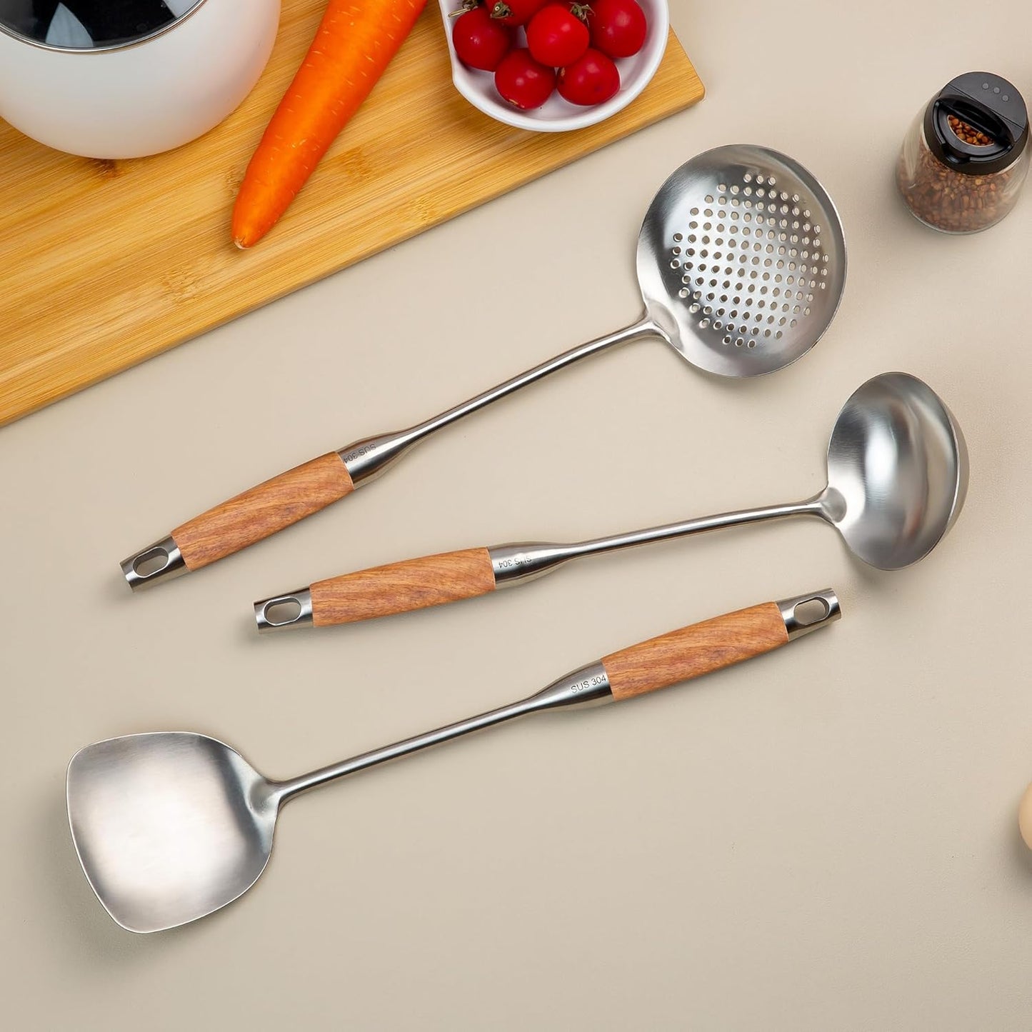 FJNATINH Wok Utensils - Wok tTools - Spatula and Ladle, Skimmer Spoon Set Metal 304 Stainless Steel Kitchen Cooking Utensils Sets, 3-Pieces Wok Tools, Wooden Handle 14-15 Inch