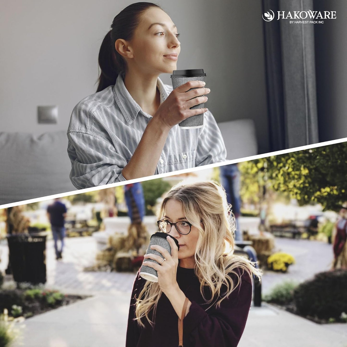 [85 SET]Harvest Pack 16 oz Coffee Cups, Disposable Insulated Coffee Cups, Ripple Double-Walled Paper Cups with Lids, Black and White Geometric, Drinking Cups for Tea Hot Chocolate Drinks To go