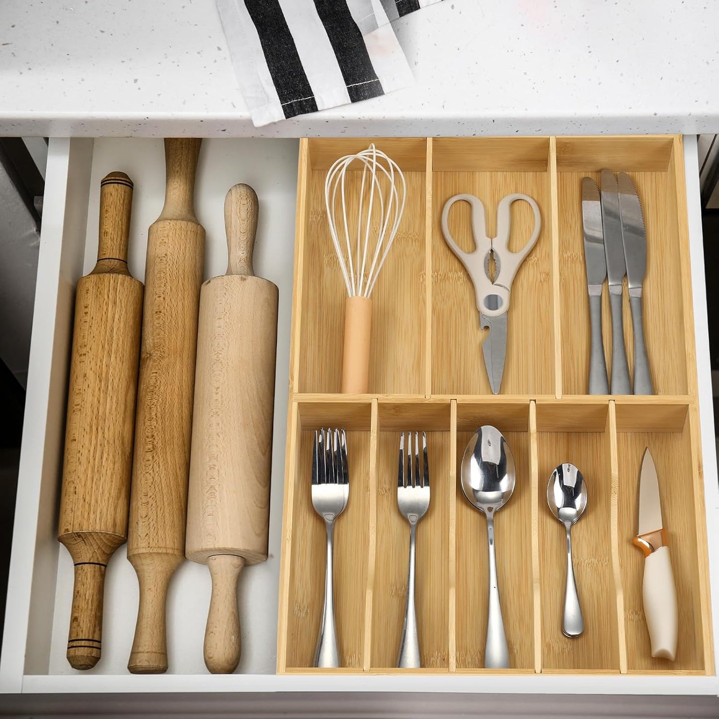 Fabsome Silverware Organizer for Kitchen Drawers, 2.5'' Deep 12.8'' Wide Bamboo Wood Flatware Tray with Deep Slots for Large Cutlery Utensil Drawer