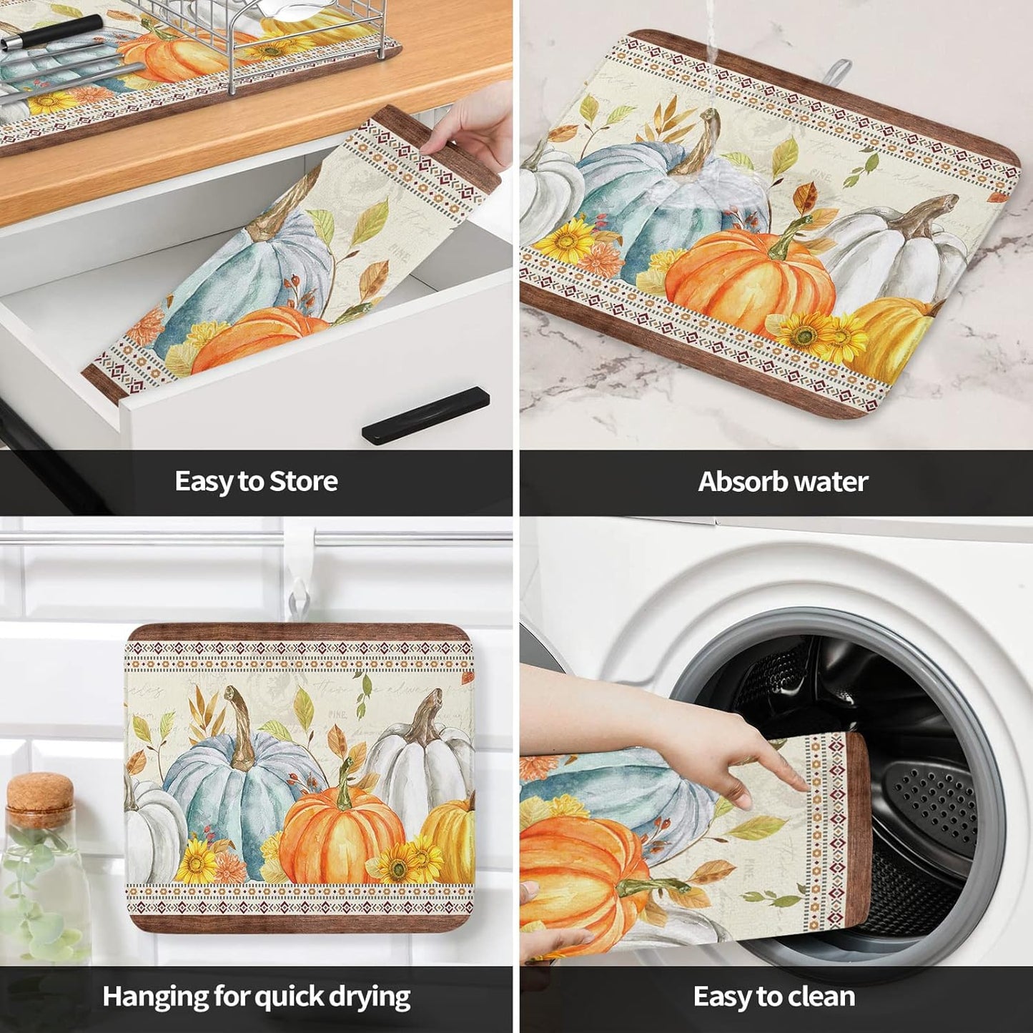 Fall Dish Drying Mat for Kitchen Counter Pumpkin Drying Pad Absorbent Drying Mats for Countertops Sinks Draining Racks Sunflower Eucalyptus Leaves Drainer Holiday Harvest Thanksgiving Decor 18x24