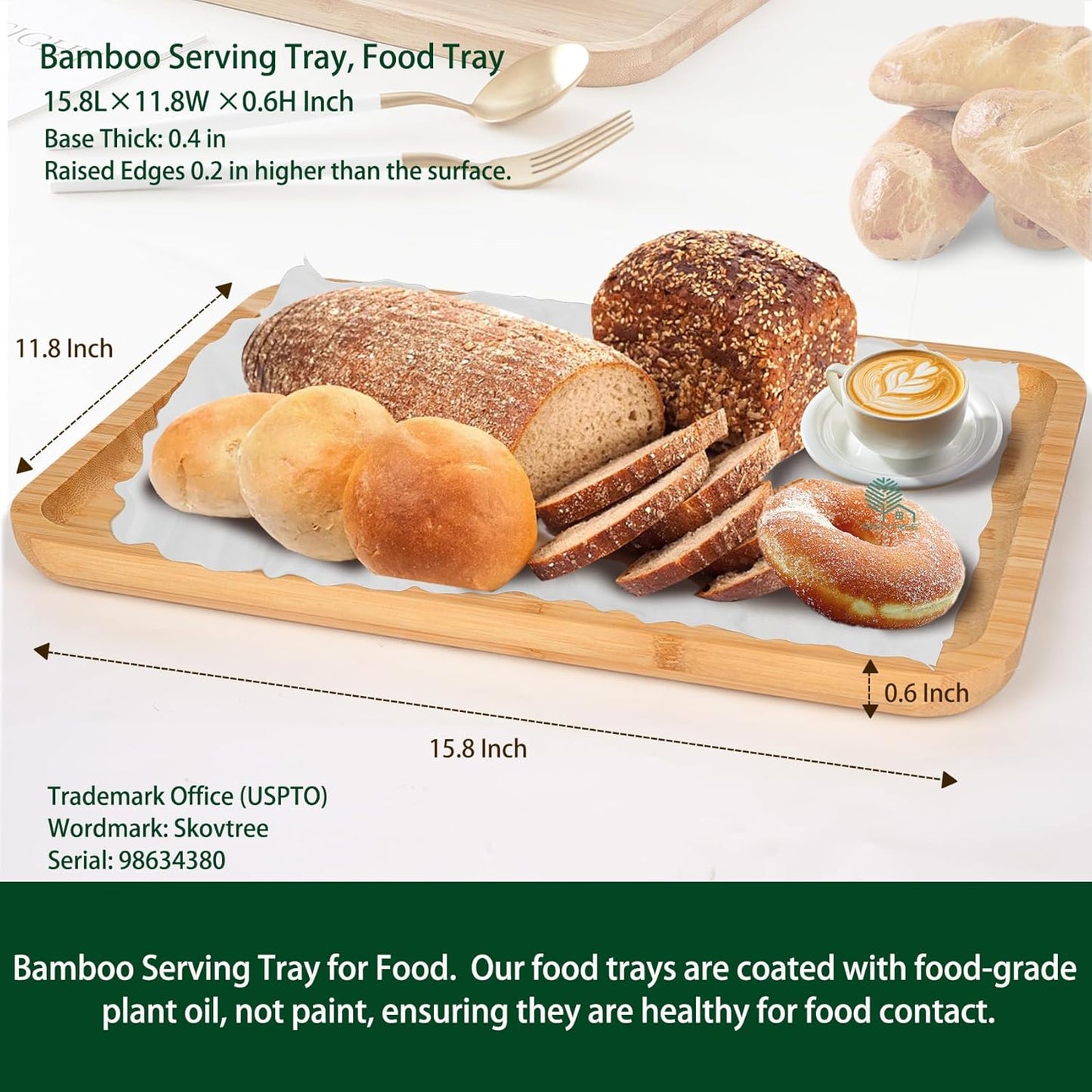 Bamboo Serving Tray, Food Tray for Eating and Serving Coffee, Tea, 15.8x11.8 Inch