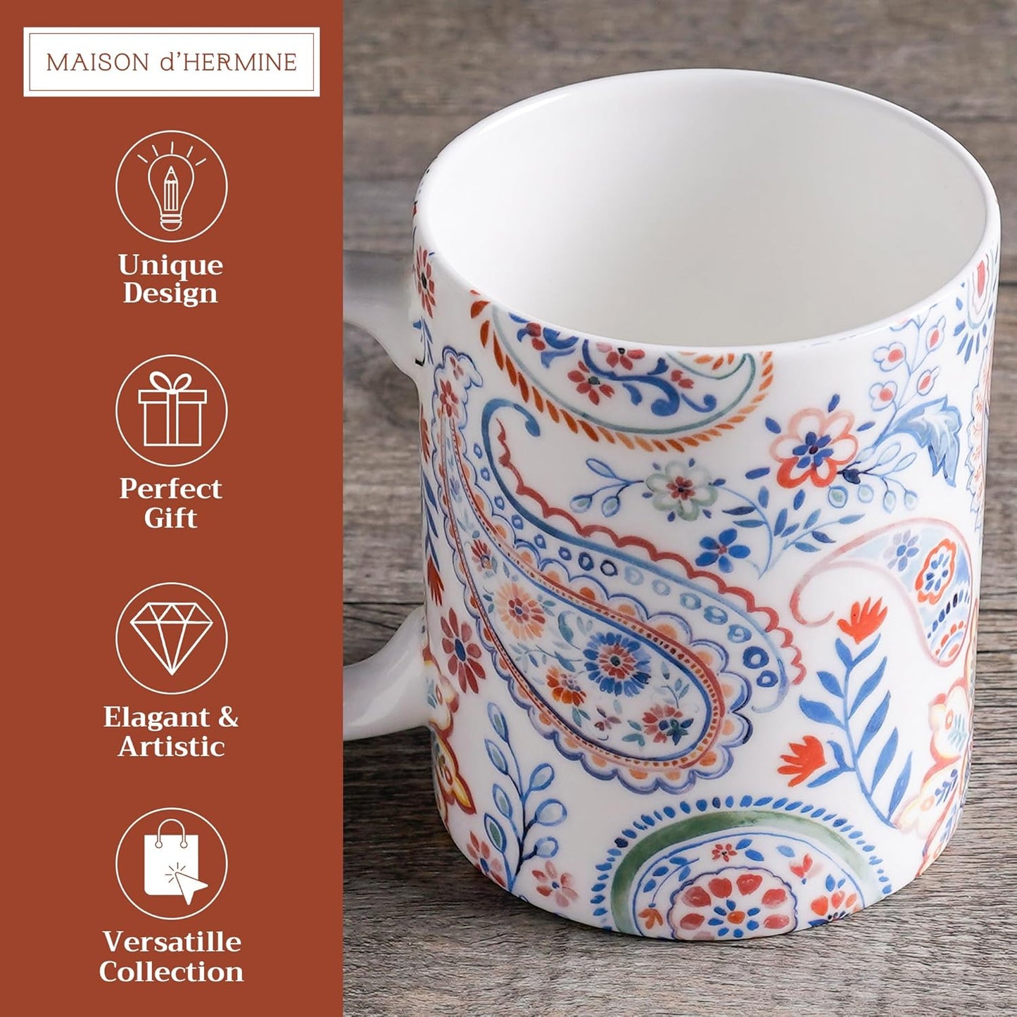 Maison d' Hermine Coffee Mug with Handles Fine Bone China Mugs Pack of One Tea Cups for Hot Beverages Cappuccino Latte Home Restaurant Office Perfect for Gift (Indian Floral - Paisley, 15 Ounce)