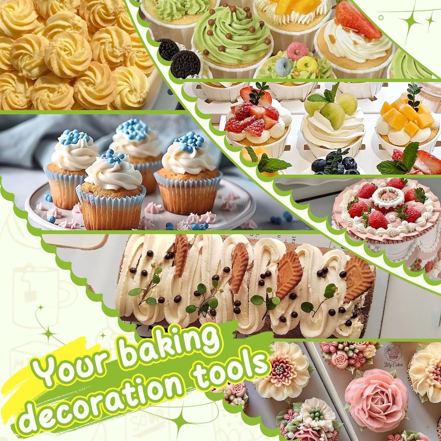 NOVANO Dessert Decorating Syringe Set, Frosting Piping Kit Stainless Steels Cake Decorating Kit with 54 Piping Tips & 9 silicone cupcakes, Cupcake Decorating Kit Piping Bags and Tips Set