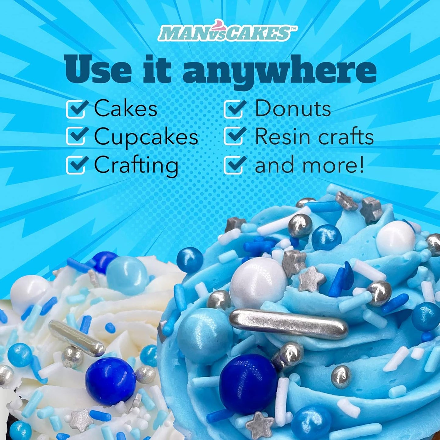 Manvscakes Sprinkles- Edible Cake and Cupcake Sprinkles with Assorted Shapes and Sizes for Parties, Metallic Sprinkle Mix for Cookies, Ice Cream, Cake and Cupcake Decorating, 4 oz, Blue sprinkles