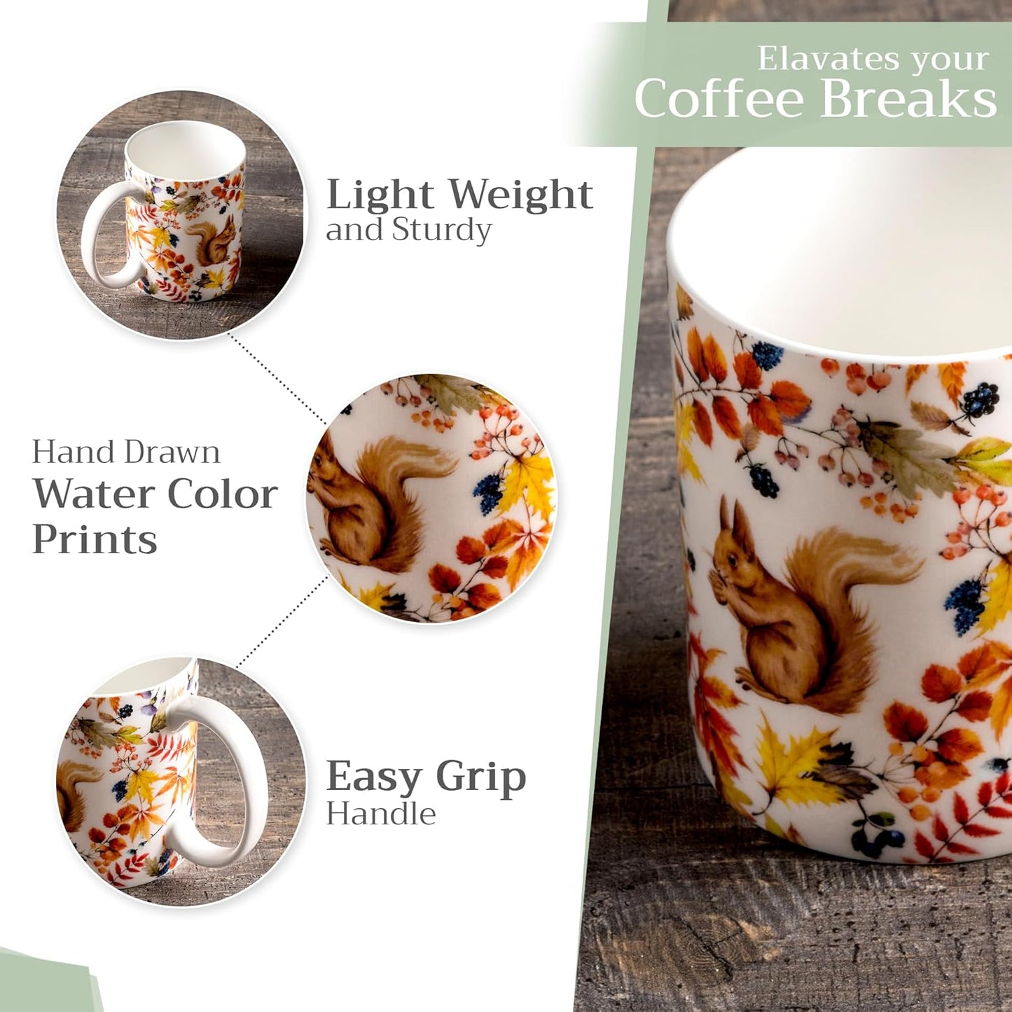 Maison d' Hermine Coffee Mug with Handles Fine Bone China Mugs Pack of One Tea Cups for Hot Beverages Cappuccino Latte Home Restaurant Office Perfect for Gift (Sous-Bois - Foret, 15 Ounce)