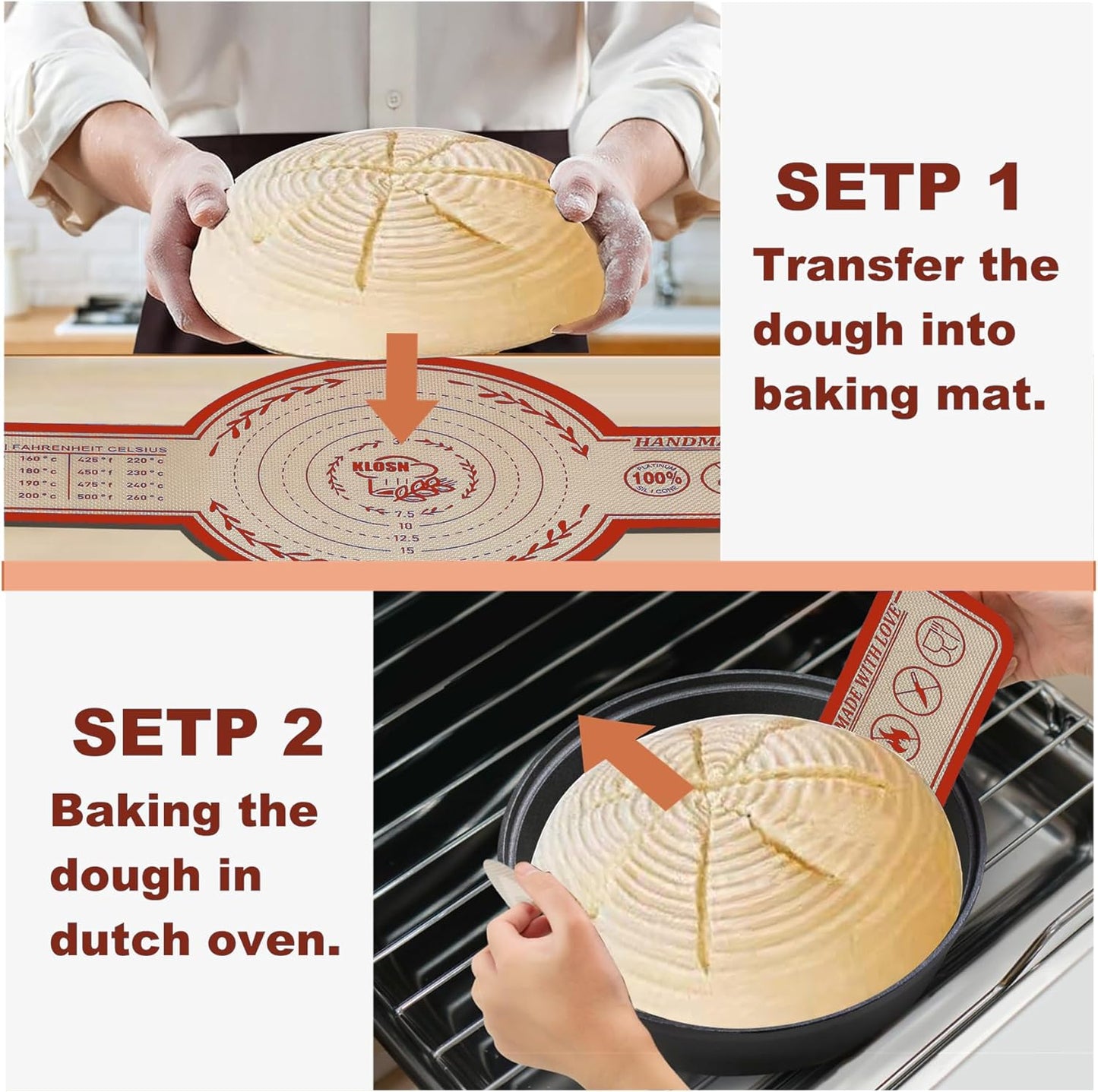 Silicone Bread Sling for Dutch Oven, 2 Pack (8" & 10" Round) – Non-Stick & 500°F Heat Resistant Sourdough Mat, Easy to Clean, Reusable Food-Grade Sourdough Slings - Fits 5–7 qt Dutch Ovens