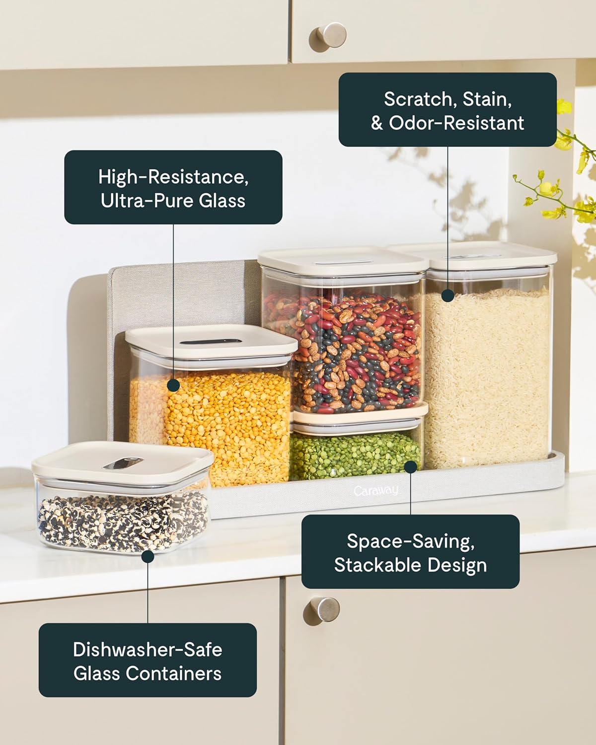 Caraway 1qt Glass Airtight Food Storage Container with Lid – Non-Toxic, BPA-Free Kitchen Storage Container – Stackable, Space-Saving Airtight Container for Dry Goods and More - Gray