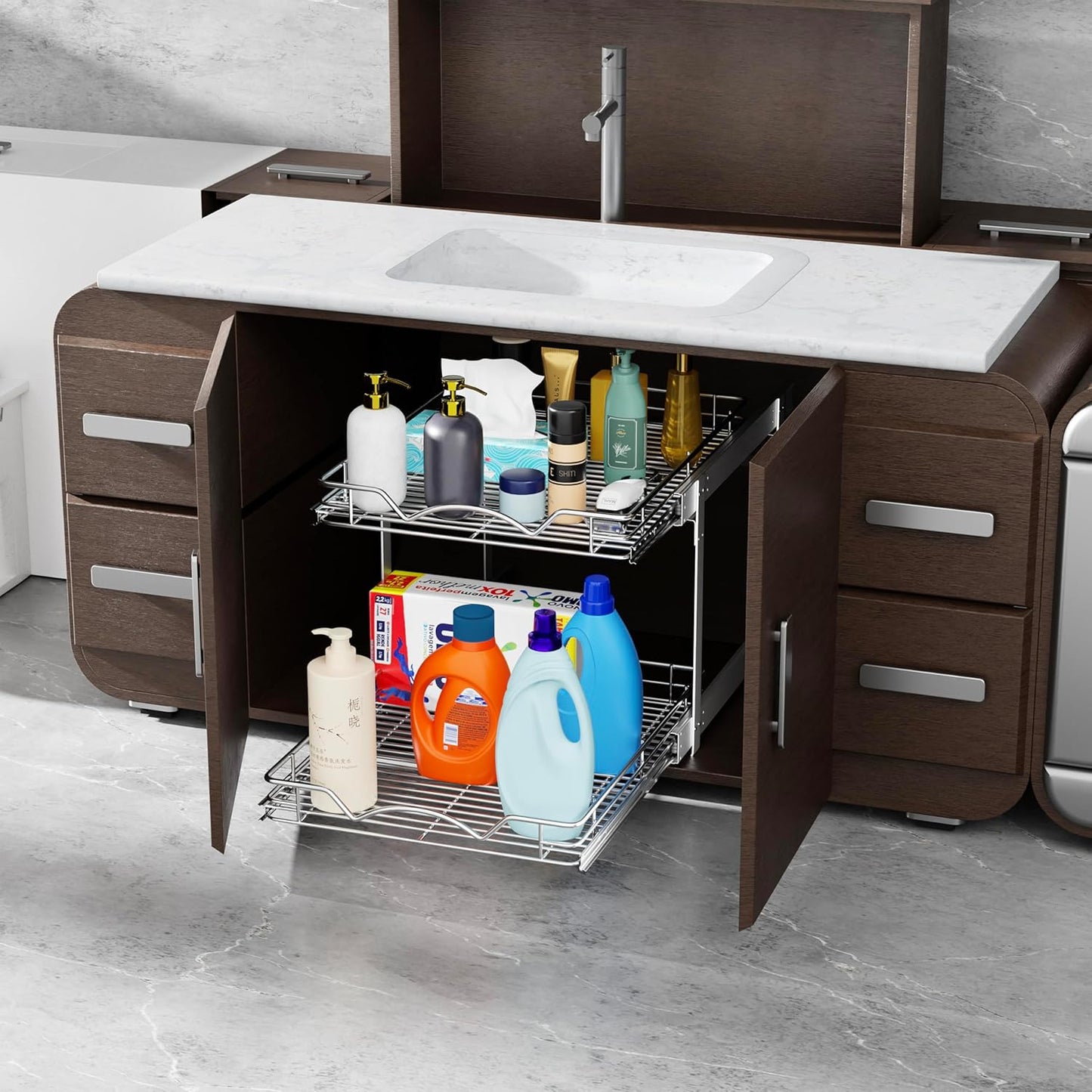 HOLDN’ STORAGE Two Tier Pull Out Cabinet Organizer, Individual Sliding Drawers - Heavy Duty Metal with Lifetime Limited Warranty - Anti Rust Chrome Finish - 20" W x 21”D x 16.5" H