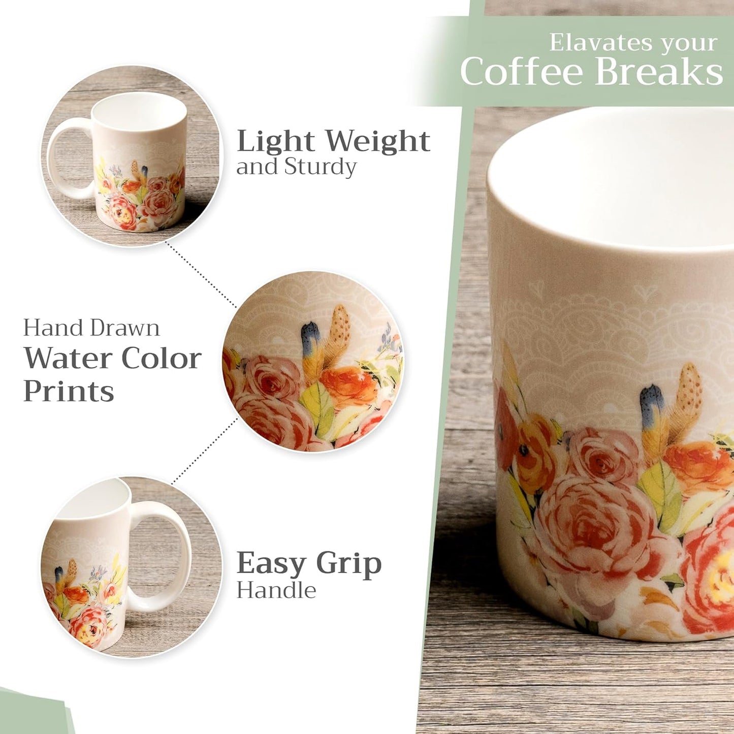 Maison d' Hermine Coffee Mug with Handles Fine Bone China Mugs Pack of Two Tea Cups for Hot Beverages Cappuccino Latte Home Restaurant Office Perfect for Gift (Ibiza - Beige, 12 Ounce)