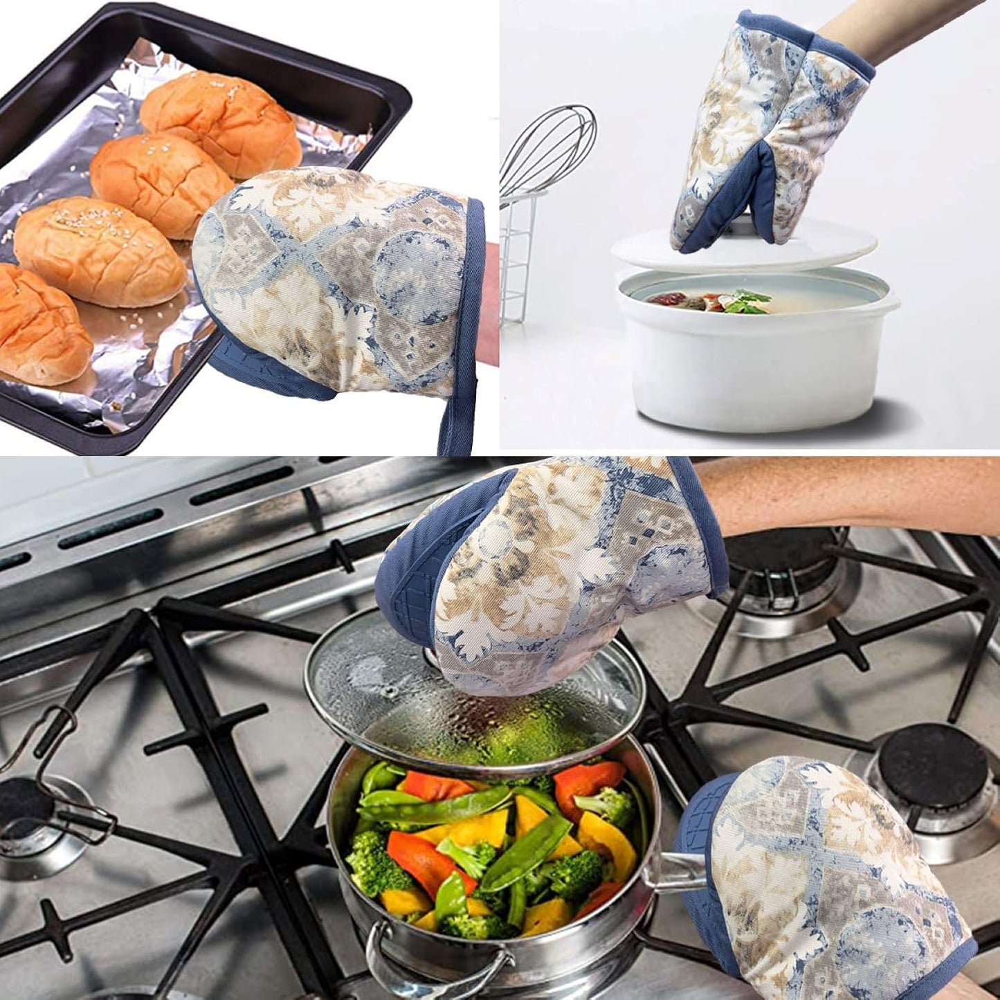 Mini Silicone Oven Mitts, Heat and Slip Resistant Kitchen Mittens 2-Pack Set, Vintage Carpet Flower Short Soft Oven Gloves, Flexible Thick Pot Holders for Safe Cooking Baking and (Dusty Blue)