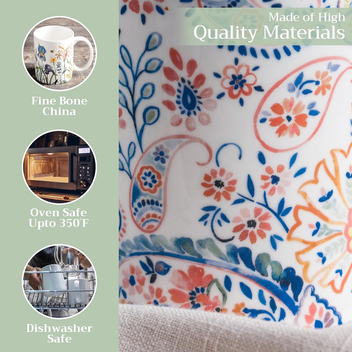 Maison d' Hermine Coffee Mug with Handles Fine Bone China Mugs Pack of One Tea Cups for Hot Beverages Cappuccino Latte Home Restaurant Office Perfect for Gift (Indian Floral - Paisley, 15 Ounce)