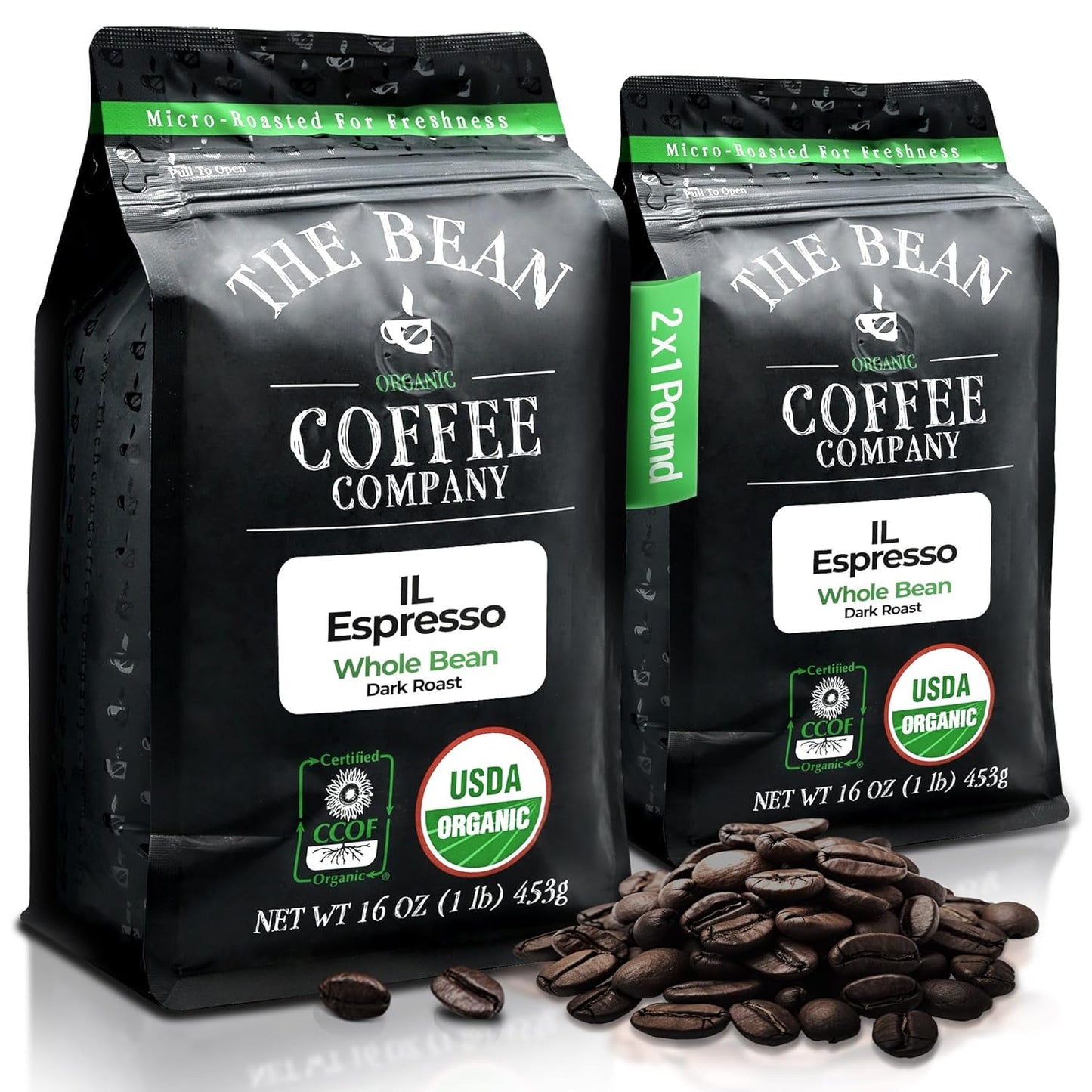 The Bean Organic Coffee Company Il Espresso, Classic Dark Roast, Whole Bean Coffee, 16-Ounce Bags (Pack of 2)