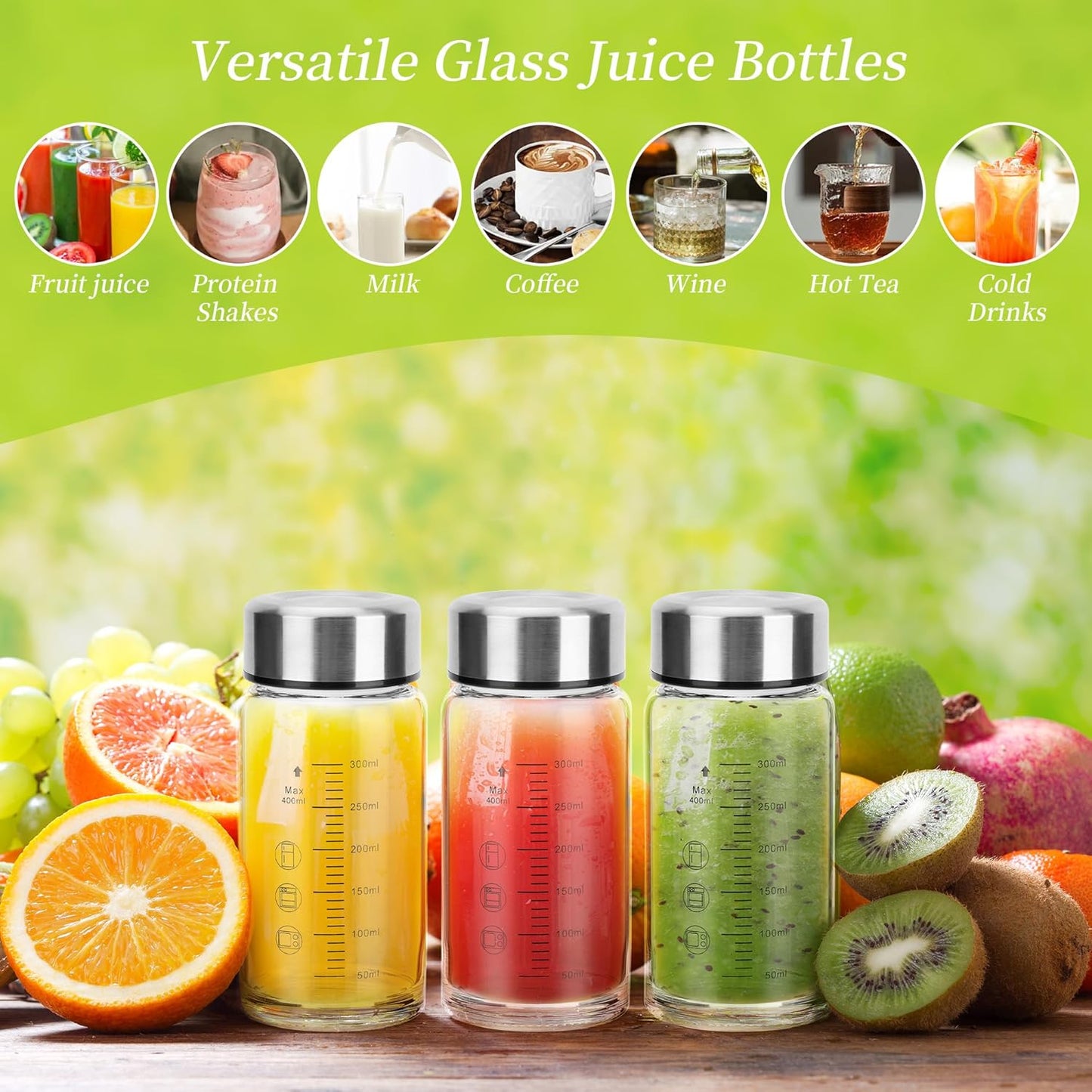 souG 4 Pack 14oz Juice Bottles，Wide Mouth Glass Water Bottles with Lids - for Juicing, Smoothies, Milk, Protein, BPA Free, Reusable, Stainless Steel Lids, Leak Proof, Shaker bottle (14oz/400ml)