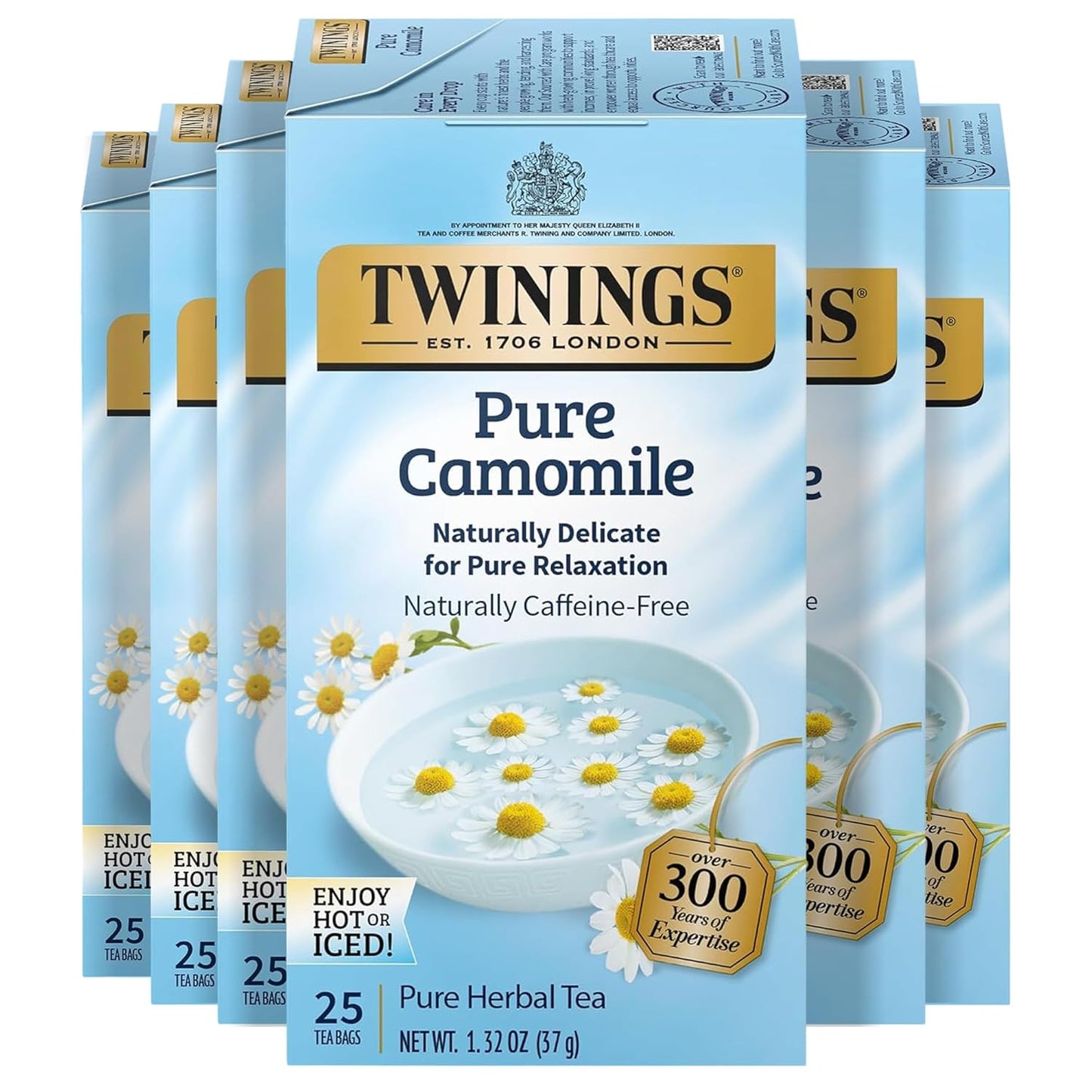 Twinings Pure Camomile Herbal Tea Individually Wrapped Bags, 25 Count (Pack of 6), Calming & Delicate, Naturally Caffeine-Free, Enjoy Hot or Iced, 150 Teabags
