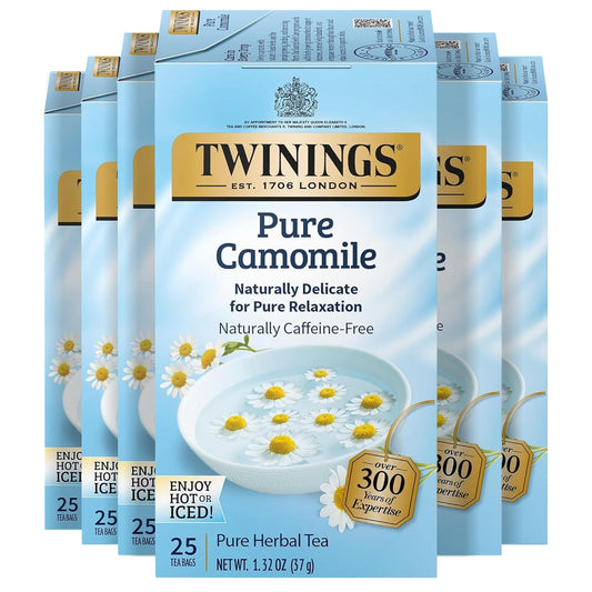 Twinings Pure Camomile Herbal Tea Individually Wrapped Bags, 25 Count (Pack of 6), Calming & Delicate, Naturally Caffeine-Free, Enjoy Hot or Iced, 150 Teabags