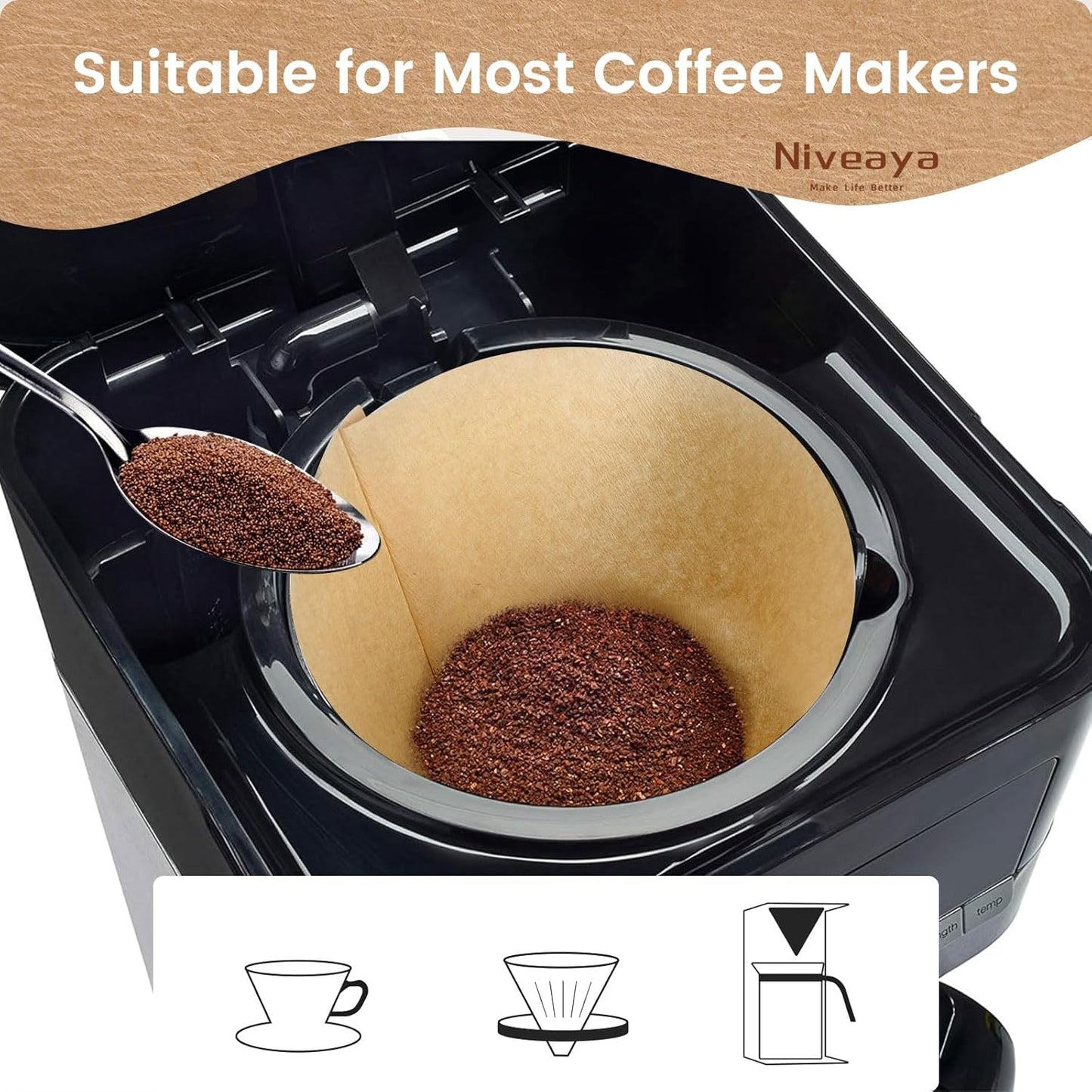 Niveaya Coffee Filters 8-12 cup - 200 Count, Size #4 Unbleached Natural Brown, Disposable for Pour Over and Drip Coffee Maker