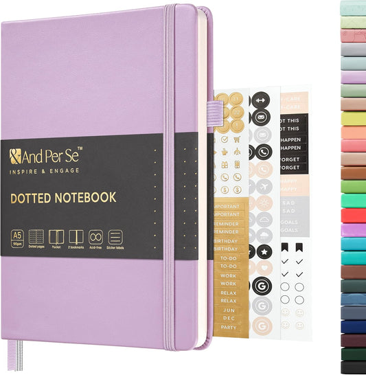 &And Per Se Dotted Journal Notebook, A5 Hardcover Leather Bullet Dotted Journal, 160 Pages 100 gsm Thick Dotted Paper，3 Sheets of Stickers Included - 5.7'' x 8'' (Light lavender)