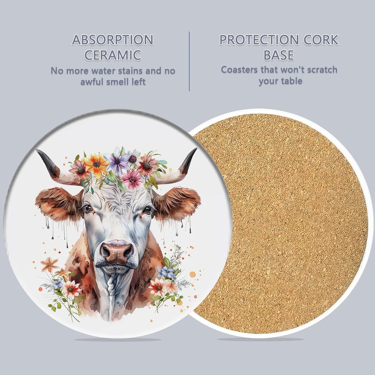 6 Pcs Coasters for Drinks with Holder, Highland Cows Flowers Absorbent Ceramic Coasters with Cork Base,Cute Funny Table Drinks Coasters Tabletop Protection Mat,Table Home Decor,4 Inches
